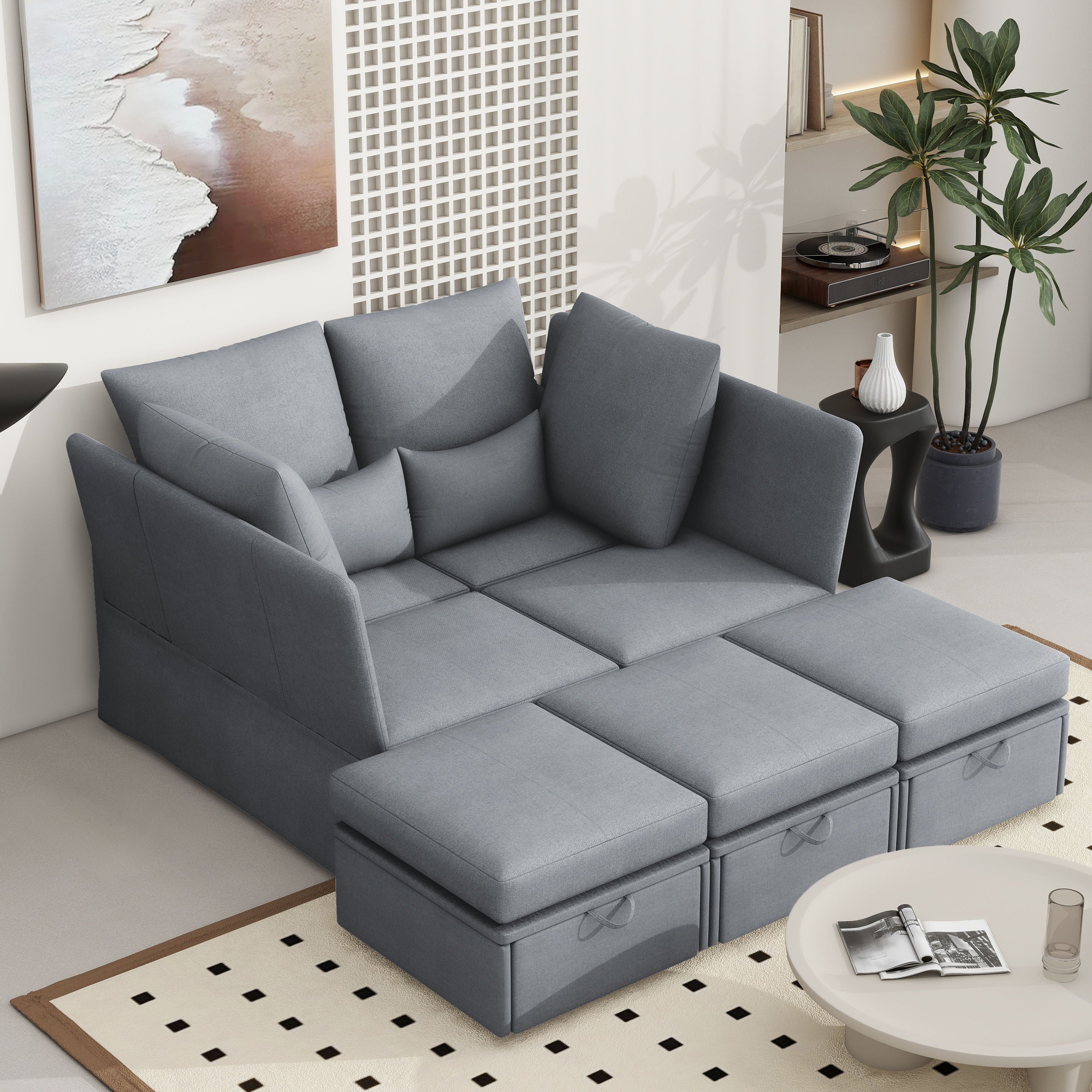 Modern Modular Sofa, 6 Seat Chenile Sectional Couch Set With 2 Pilows Included, Freely Combinable