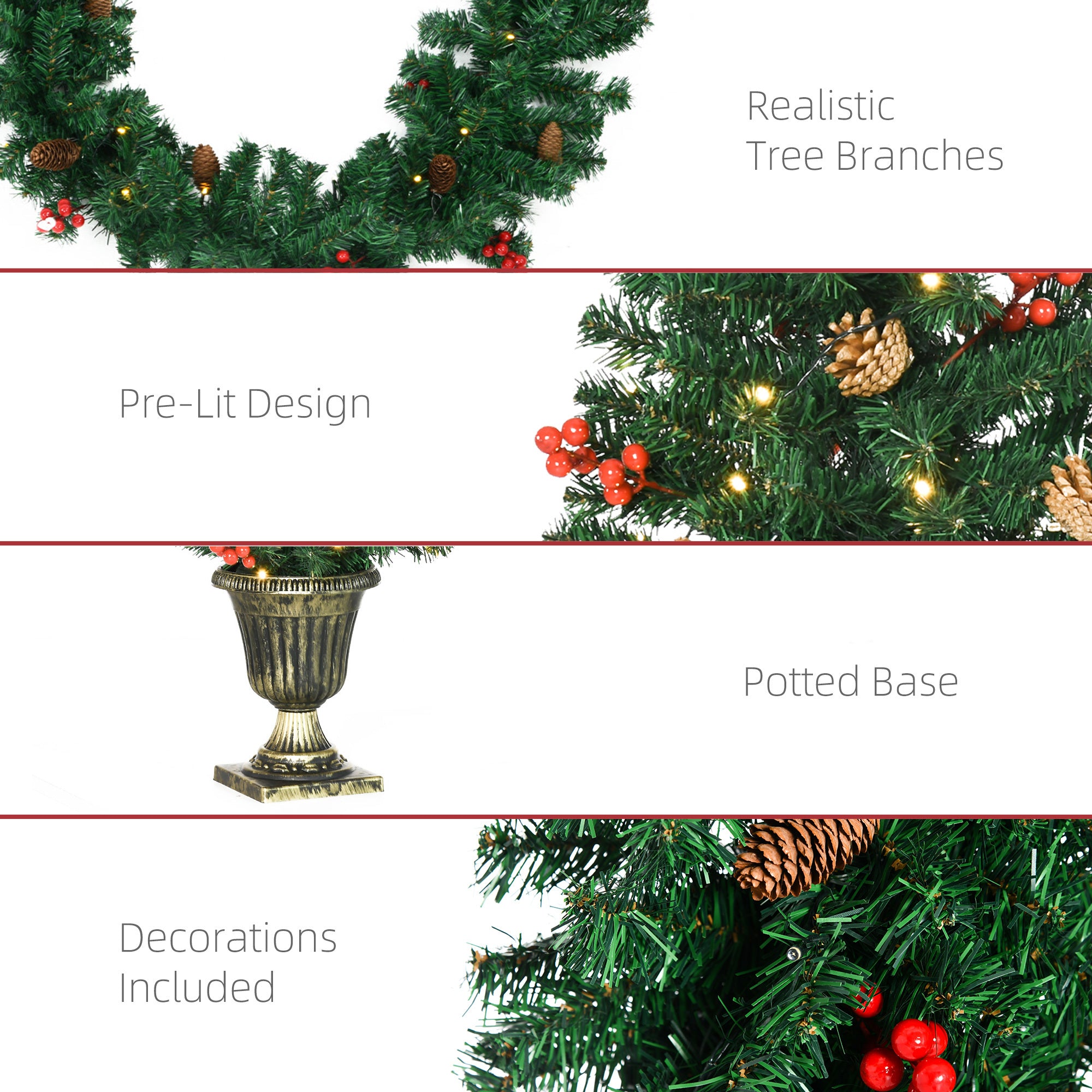 HOMCOM Prelit Holiday Christmas 4-Piece Set, Garland Wreath and Set of 2 Entrance Trees with Warm White LED Lights, Red Berries, Pine Cones, Green