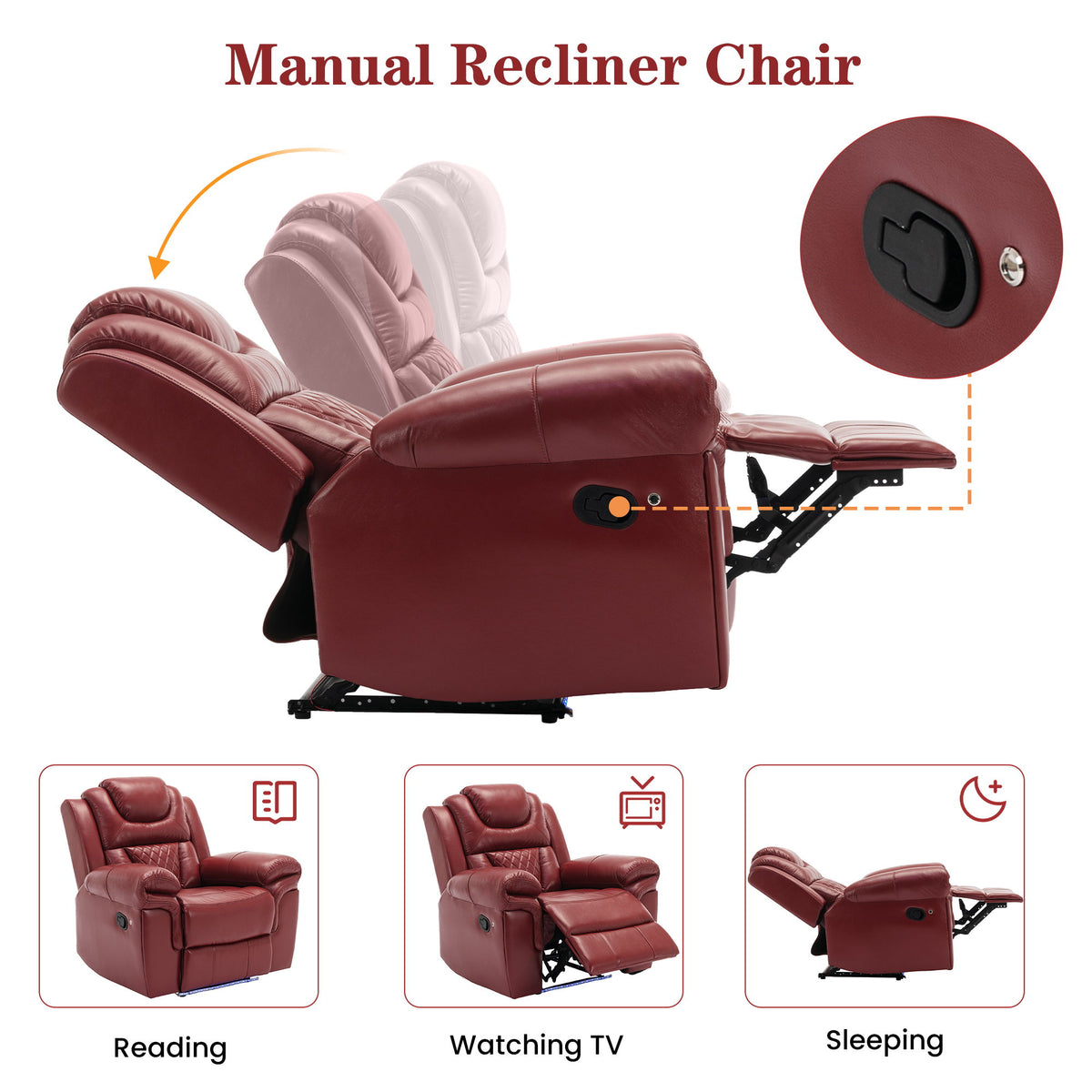 Home Theater Seating Manual Recliner Chair With Center Console And LED Light Strip For Living Room - Red