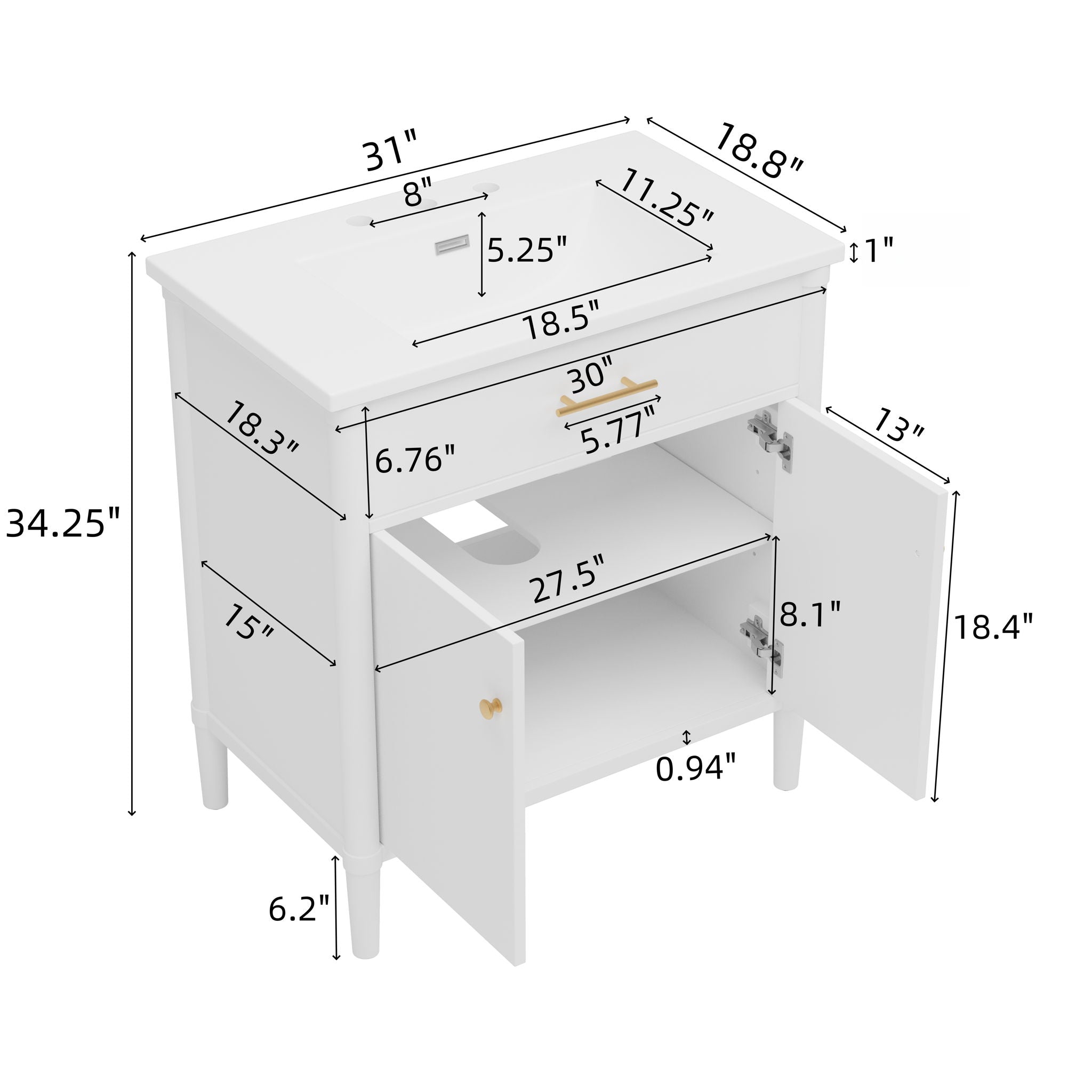Bathroom Vanity With Sink, Soft Close Doors And Adjustable Shelf