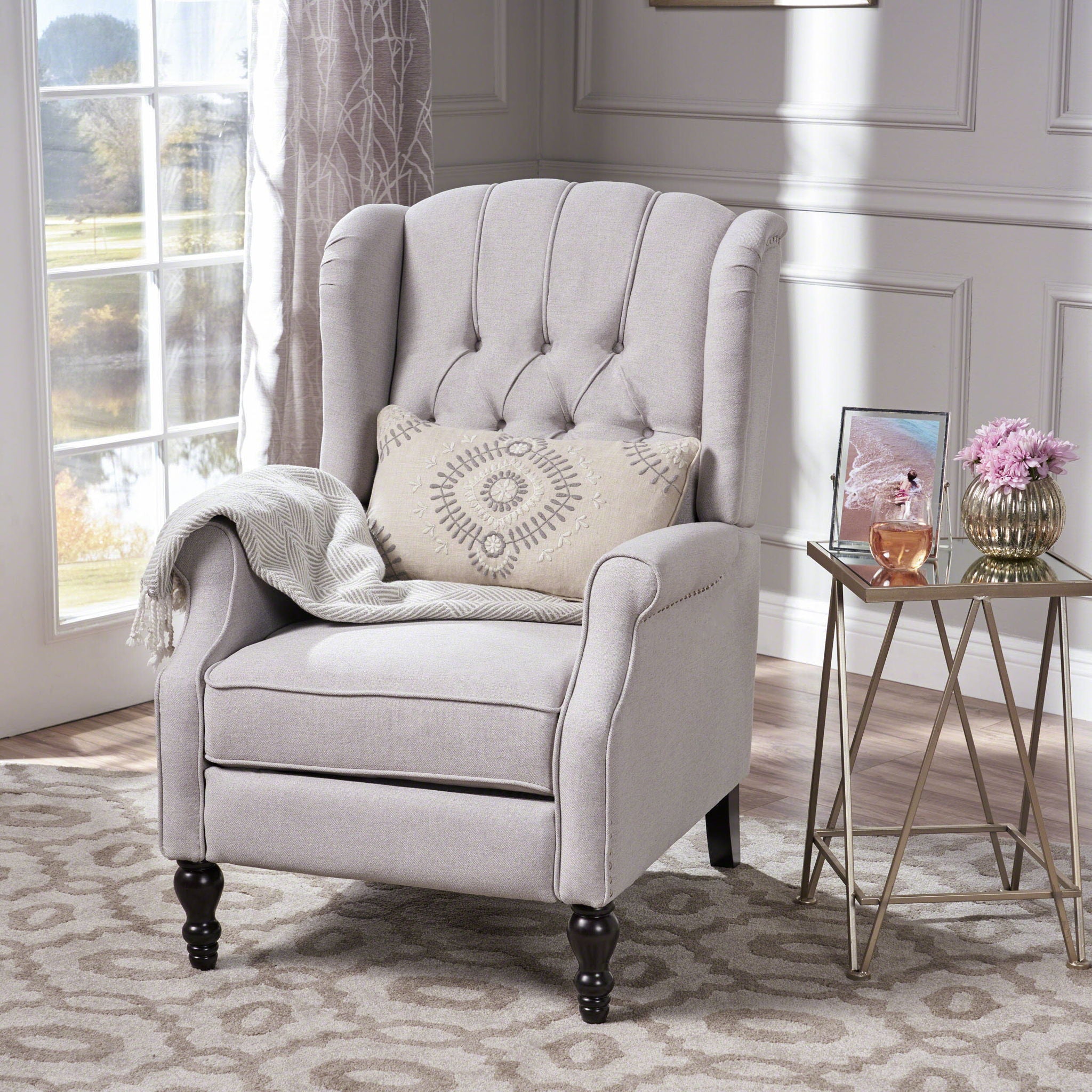 Tufted Arm Chair Recliner With Wingback Style, Pushback Mechanism - Light Gray