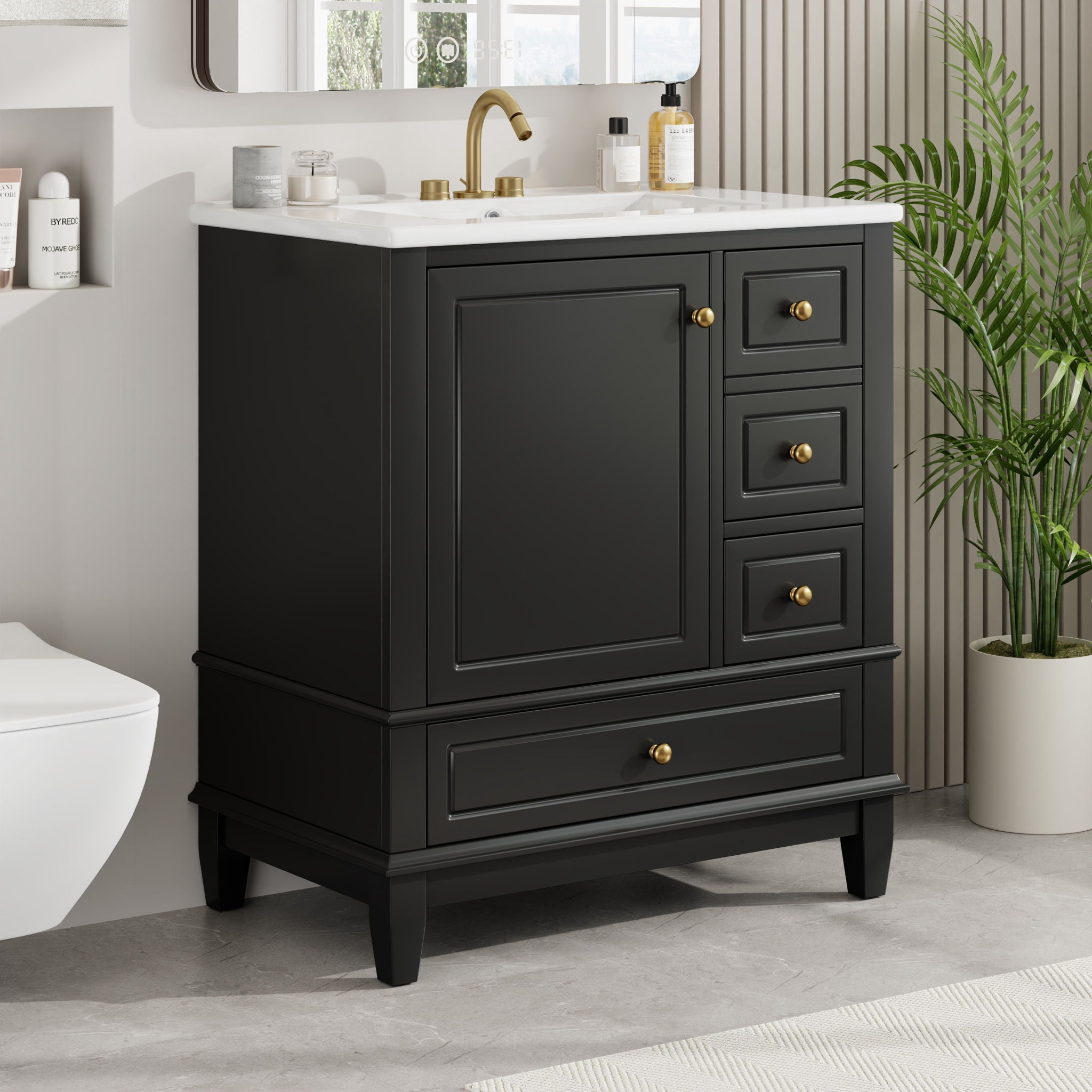 30" Bathroom Vanity With Sink, 1 Door With Shelf And 3 Drawers, Soft Close Door - Black