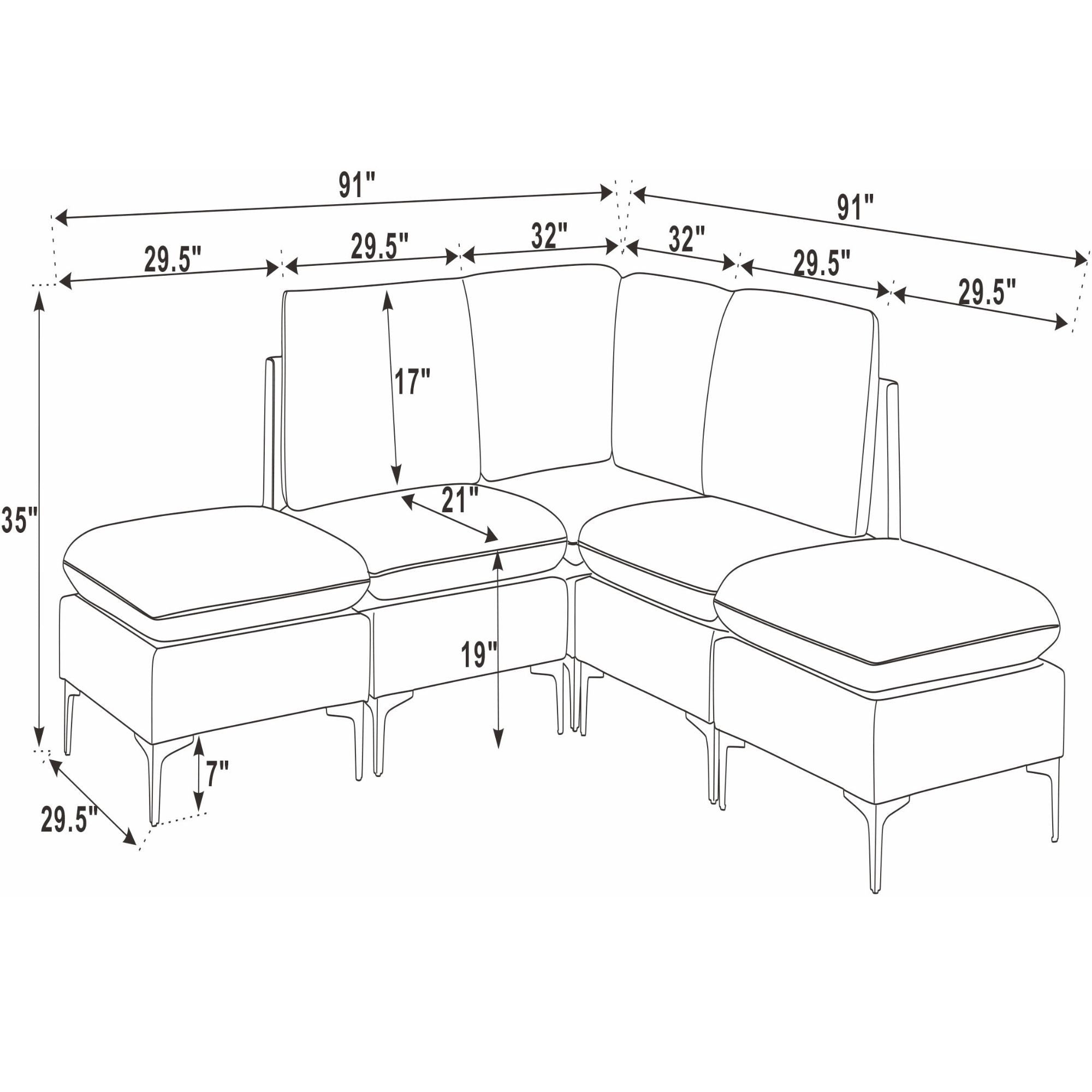 Upholstered Modular Sectional With Tall Legs, Medium Firm Seat