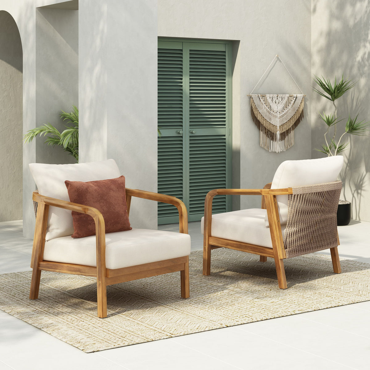 Outdoor Lounge Chair With Woven Backrest, Solid Wood Frame, Comfortable Cushions