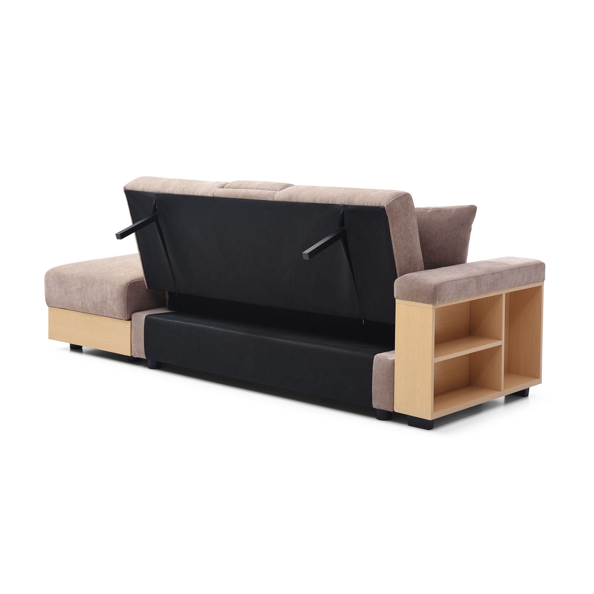Convertible Sleeper Sofa Couch, Multifunctional Double Folding Sofa Bed, Storage Ottoman And Sofa Arm With Box And Drawer, Drop Down Table With 2Cup Holders For Living Room, Apartment, Office - Light Brown