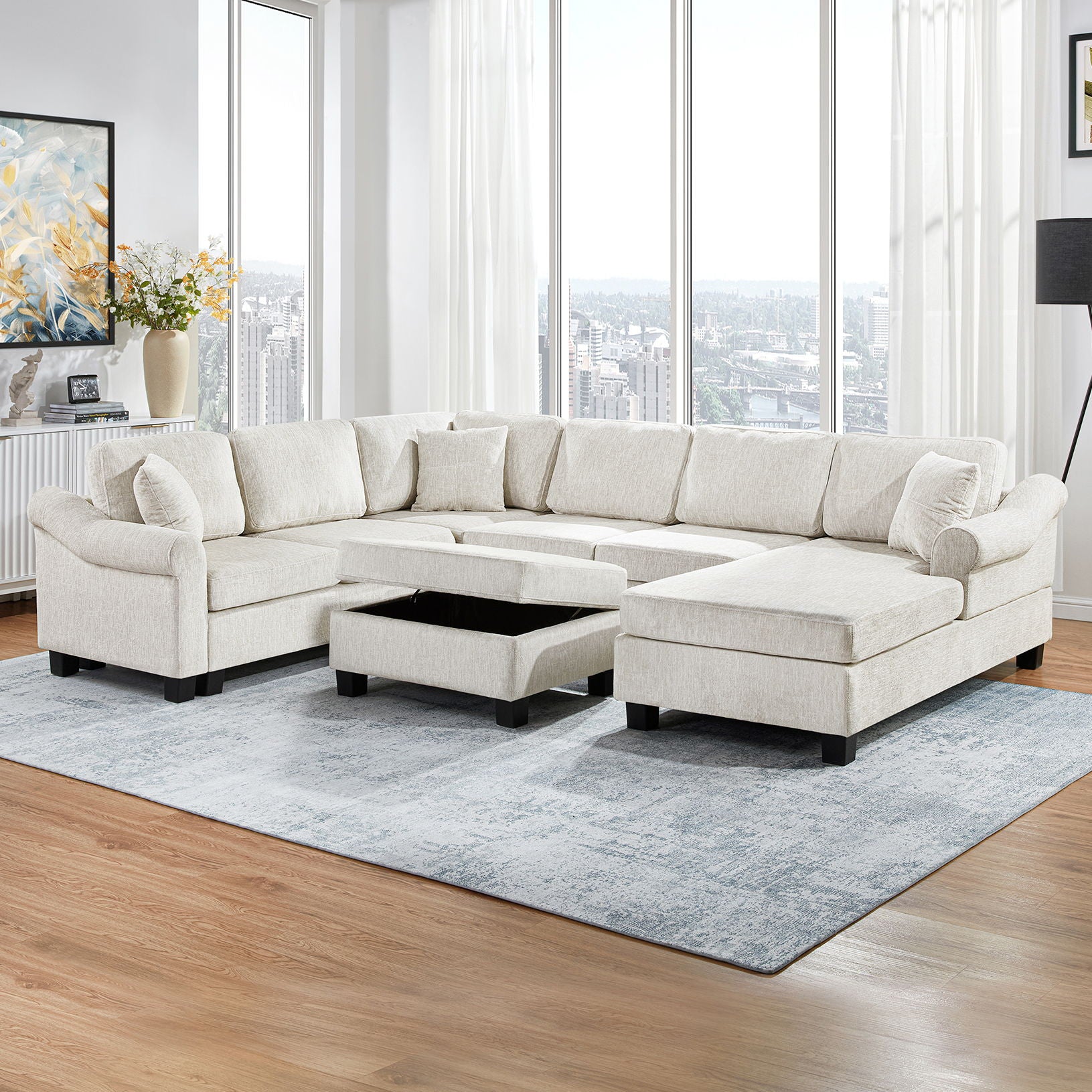 Contemporary U - Shaped Sectional Sofa With Movable Storage Ottoman