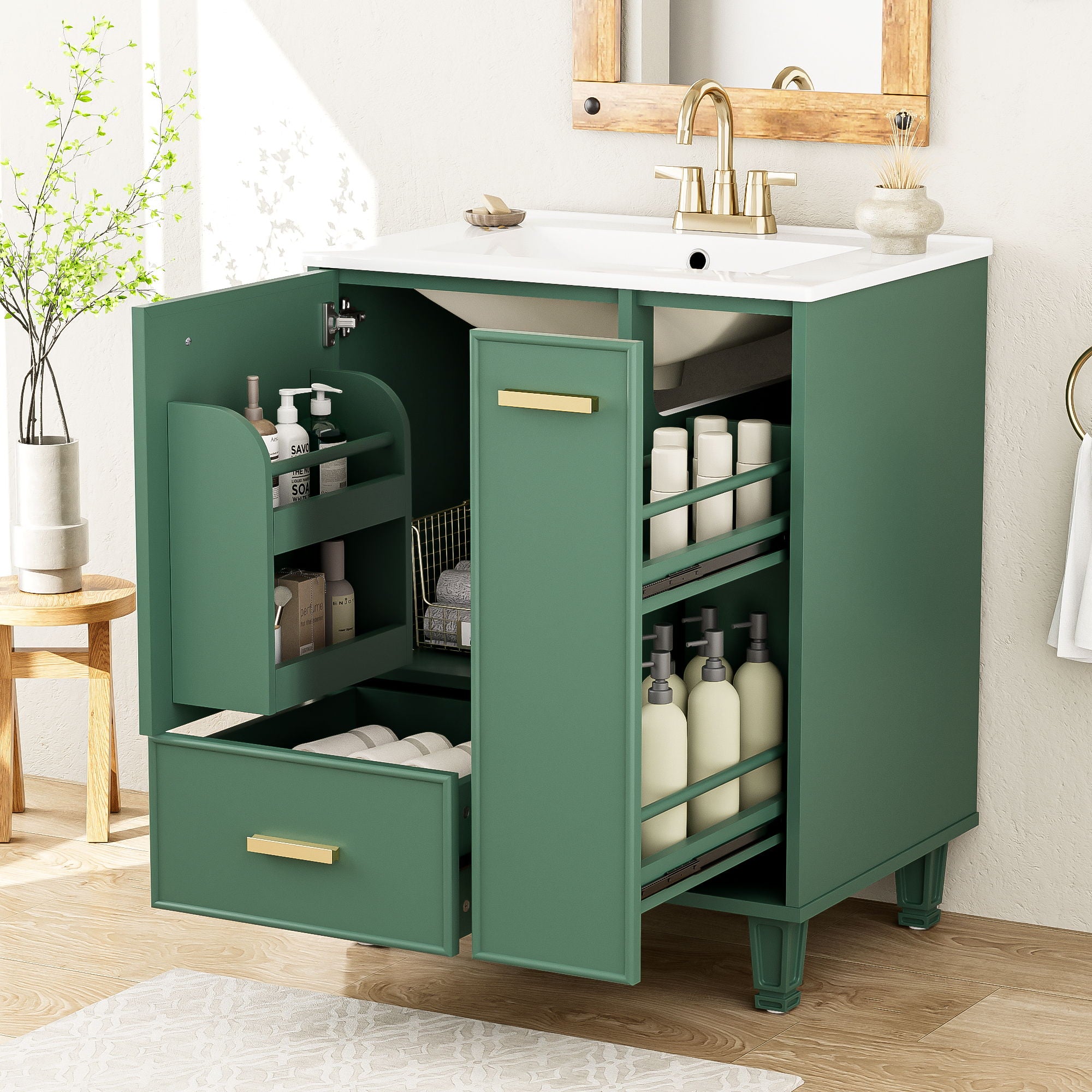 Bathroom Vanity With Sink, Deep Drawer, Door Shelf, 2 Tier Basket