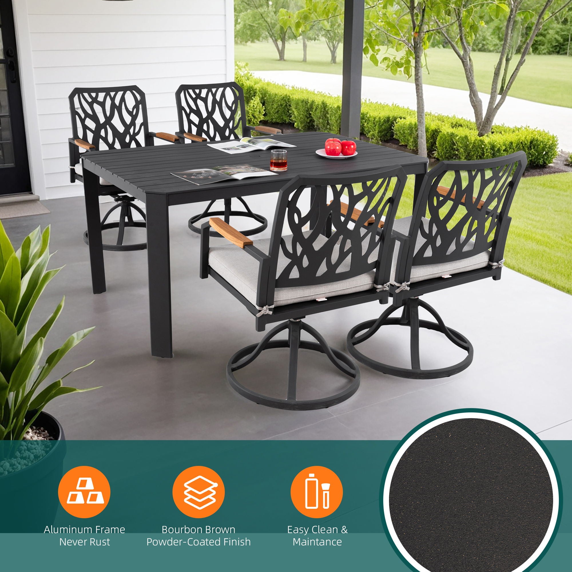 Outdoor Patio Furniture Dining Set With Sunbrella Fabric, Rectangular Table With Umbrella Hole