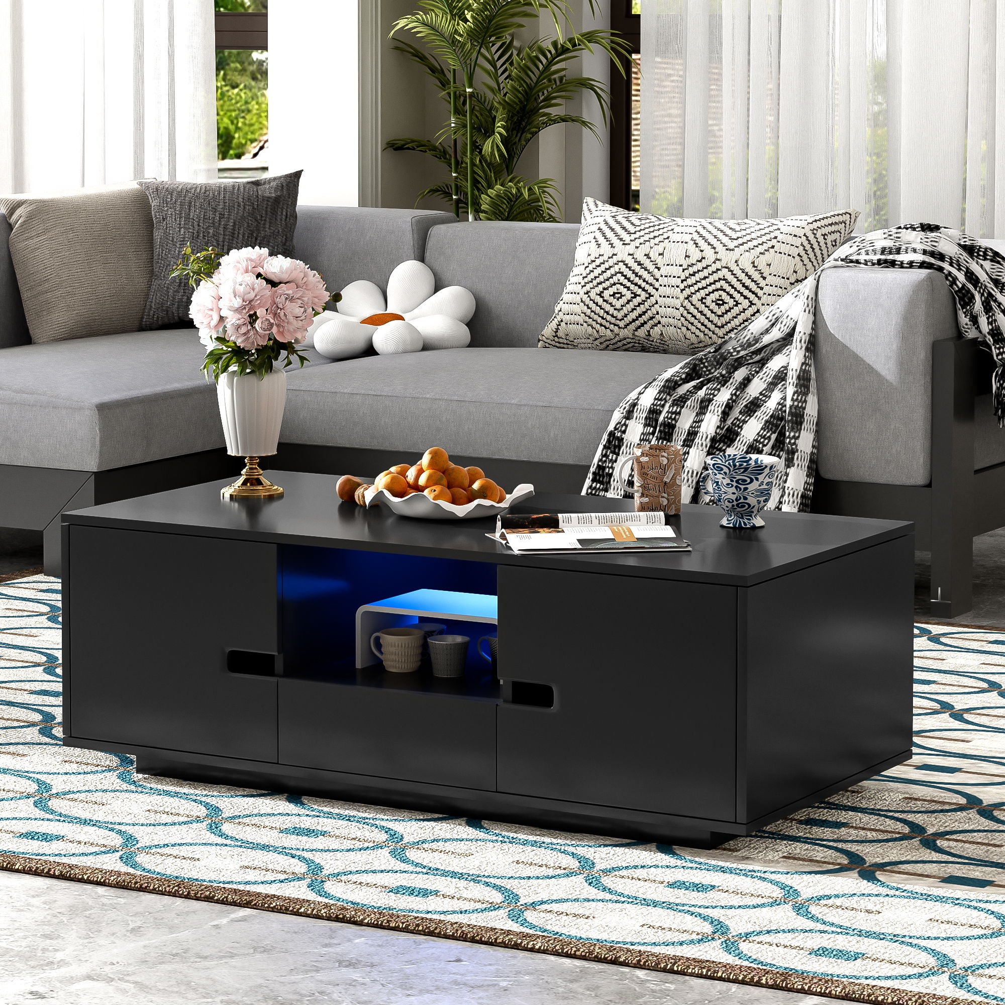 Modern High Glossy Rectangle Coffee Table With 16 Color LED Lights For Living Room