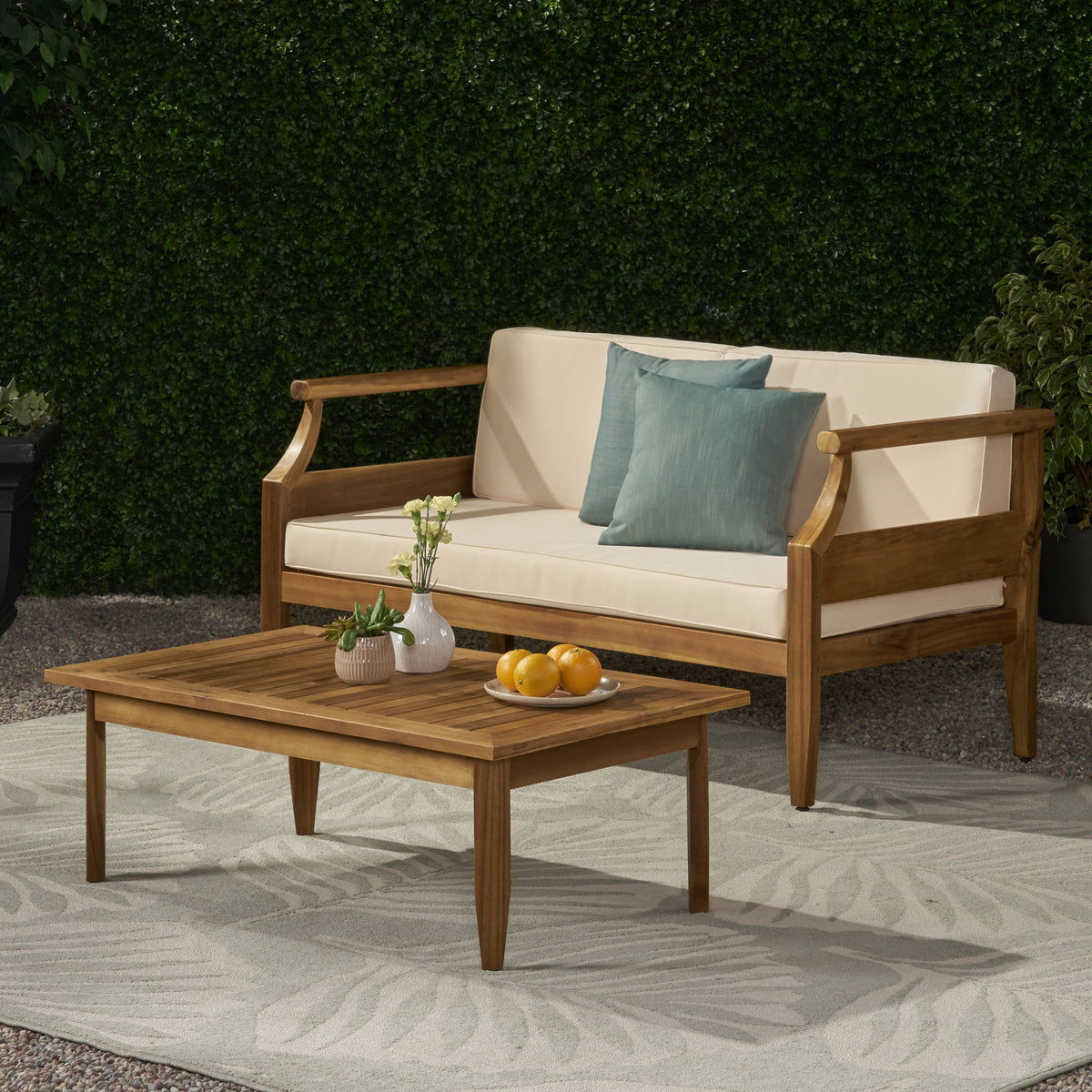 Aston - 2 Piece Wood Outdoor Patio Conversation Seating Set With Cushions
