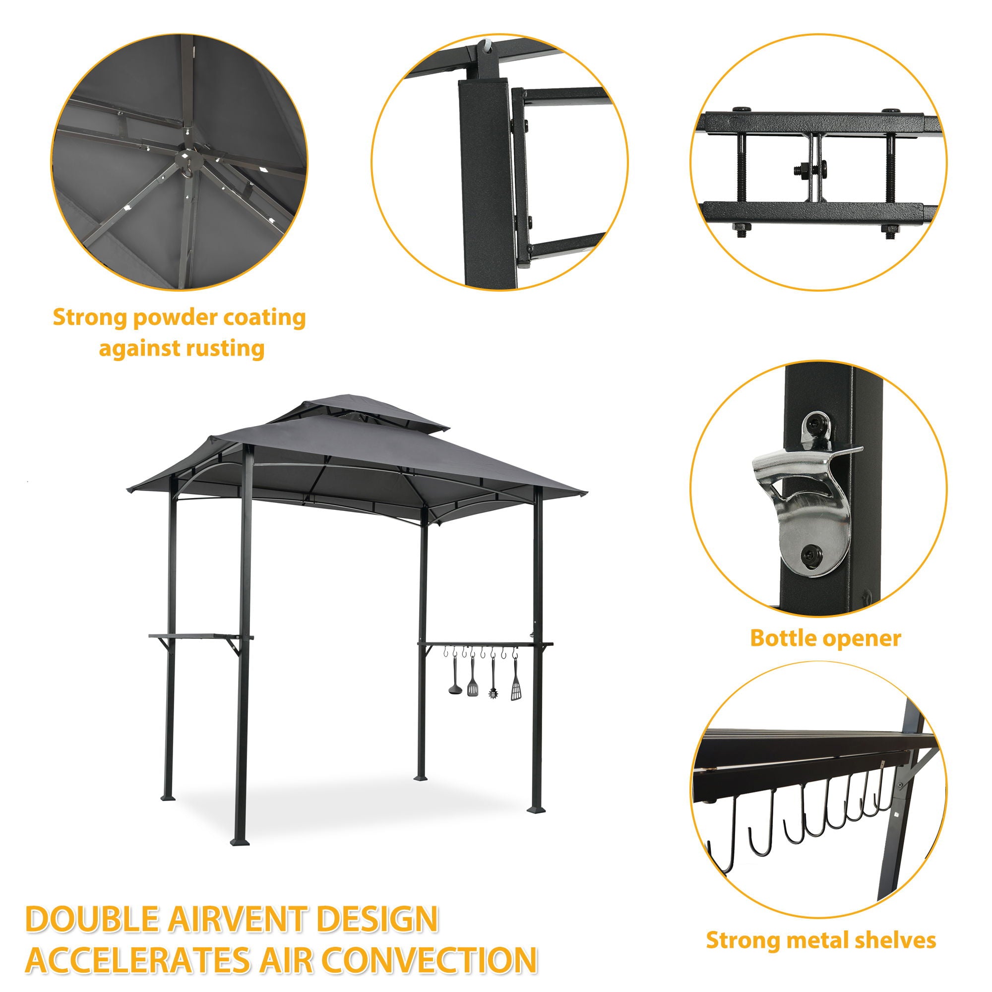 Outdoor Grill Gazebo With Double Tier Soft Top Canopy, Steel Frame, Bar Counters & Hook