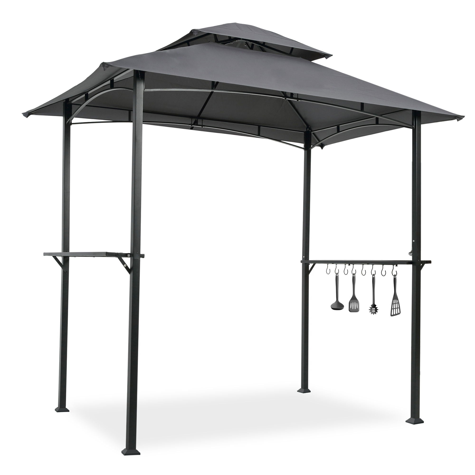 Outdoor Grill Gazebo With Double Tier Soft Top Canopy, Steel Frame, Bar Counters & Hook