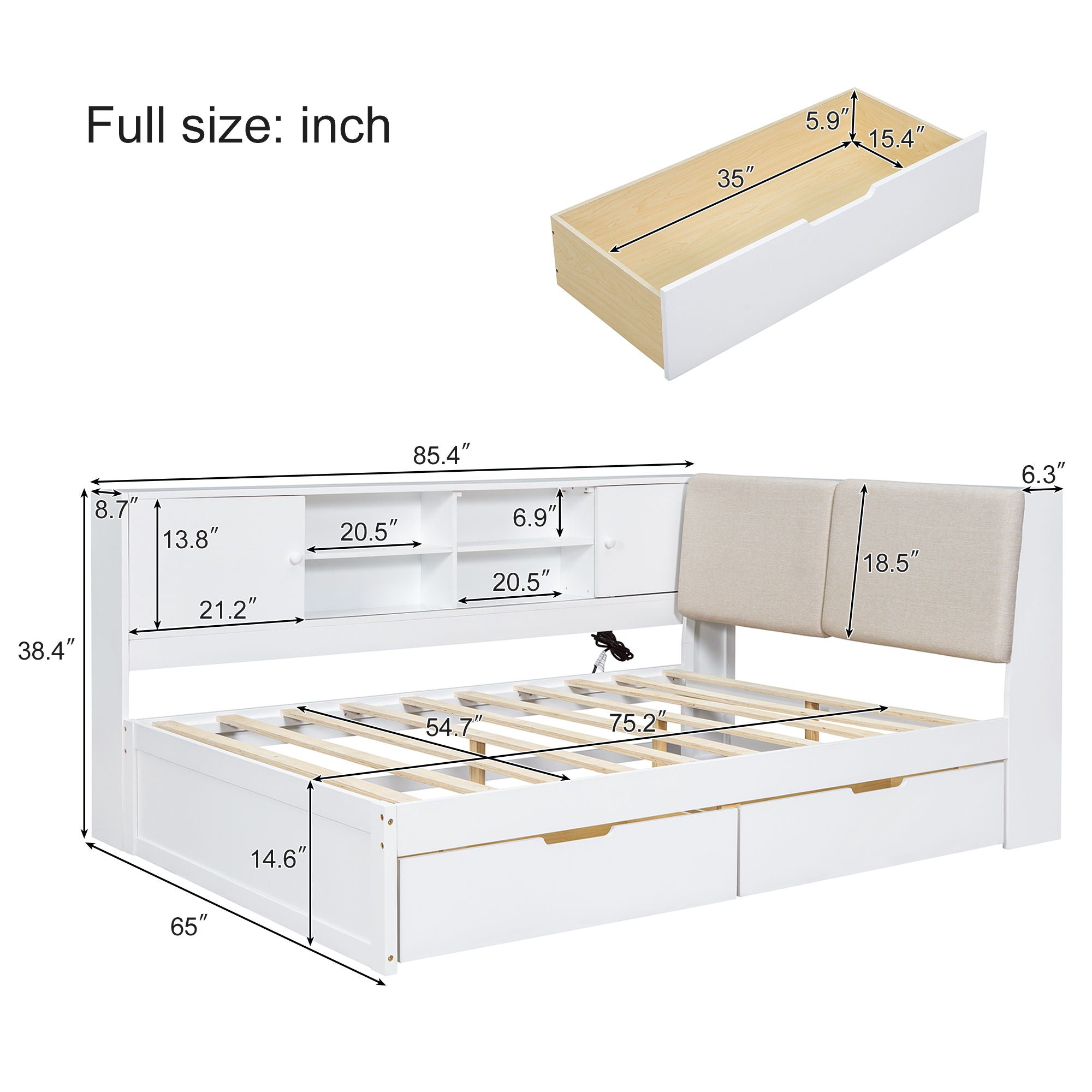 L-Shaped Daybed Corner Bed Under Bed Drawers With Storage Bookcase And Upholstered Headboard And USB Charging Ports