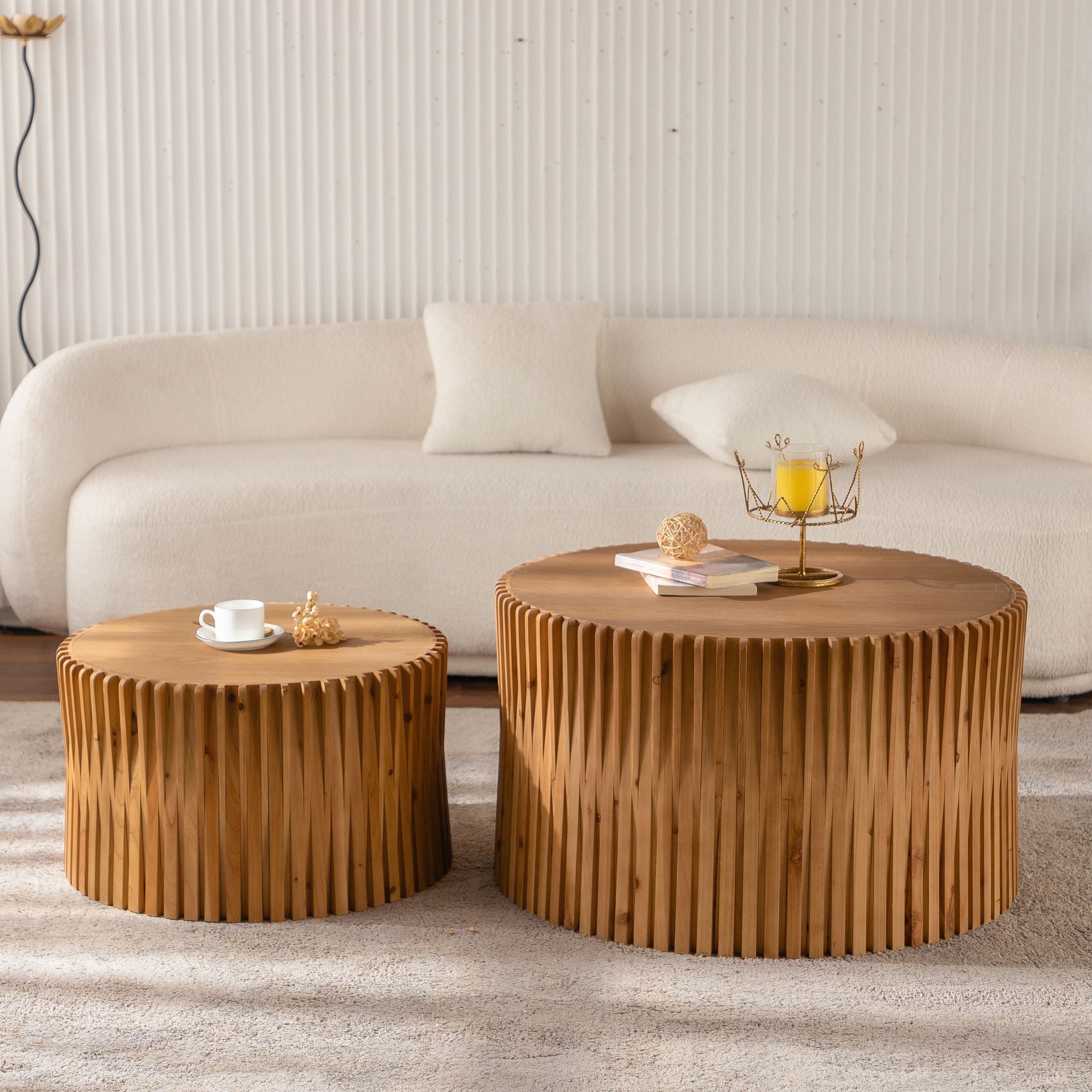 Cylindrical Coffee Table With Vertical Texture Relief