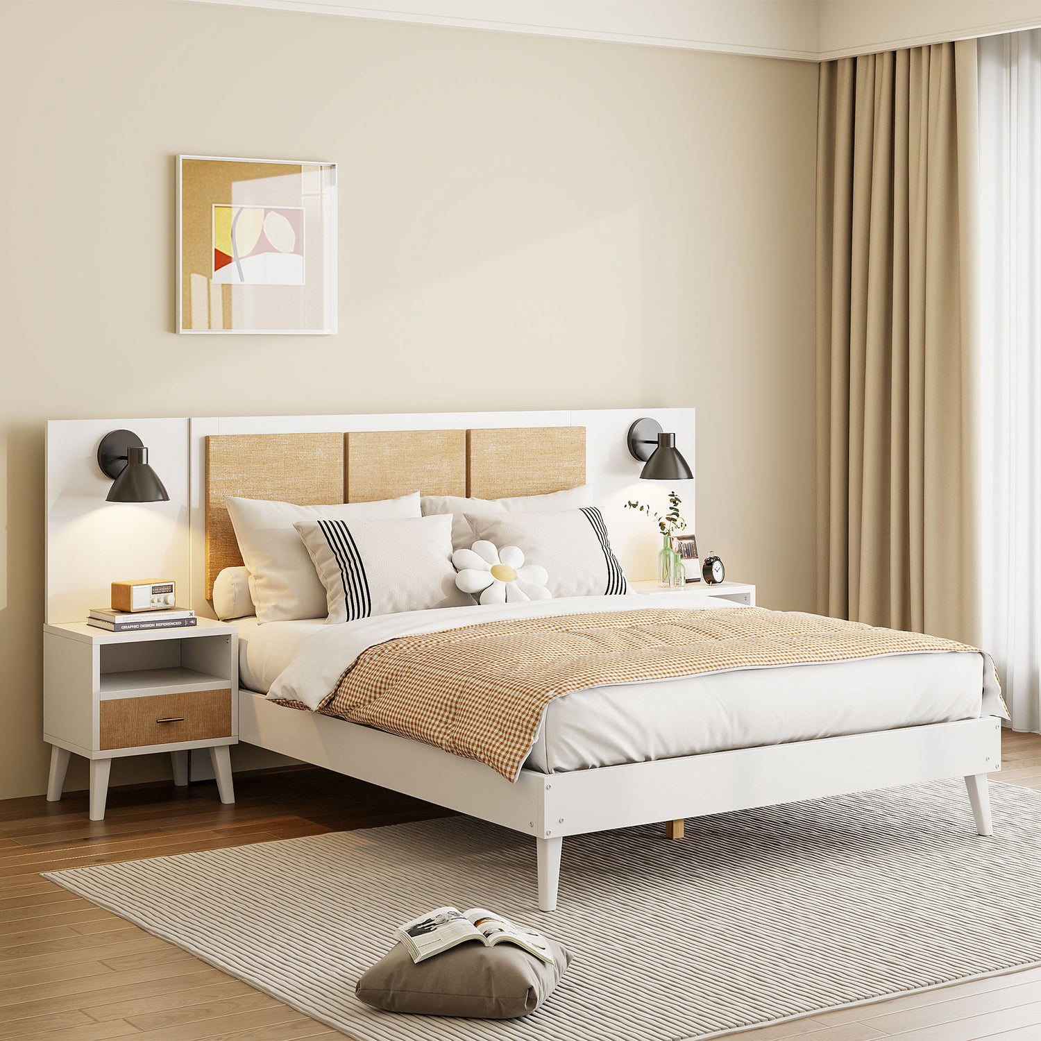 Bed Frame With 2 Nightstands Elegant Design With Lamps