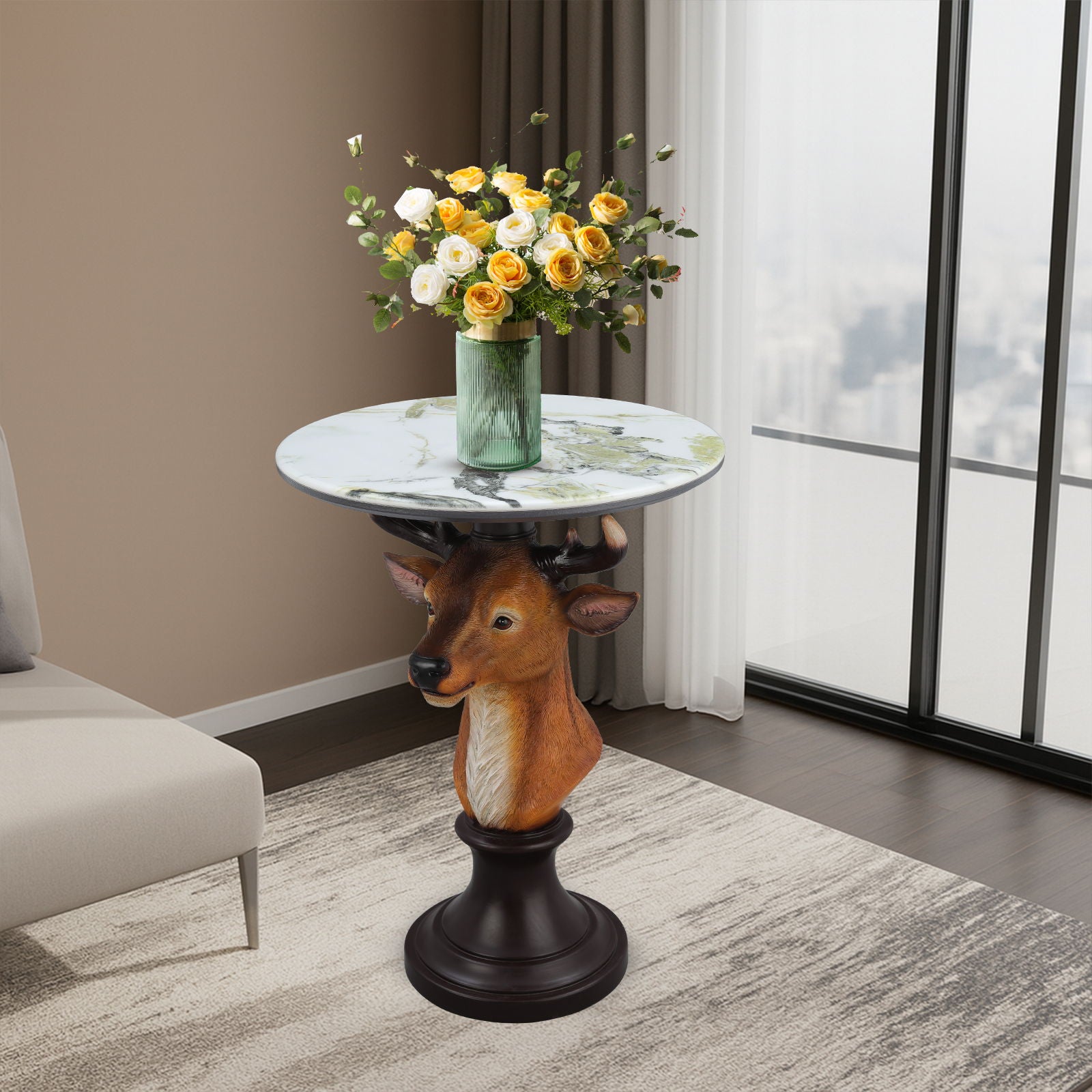 Deer Head Accent Table, Animal Statue For Living Room - Brown