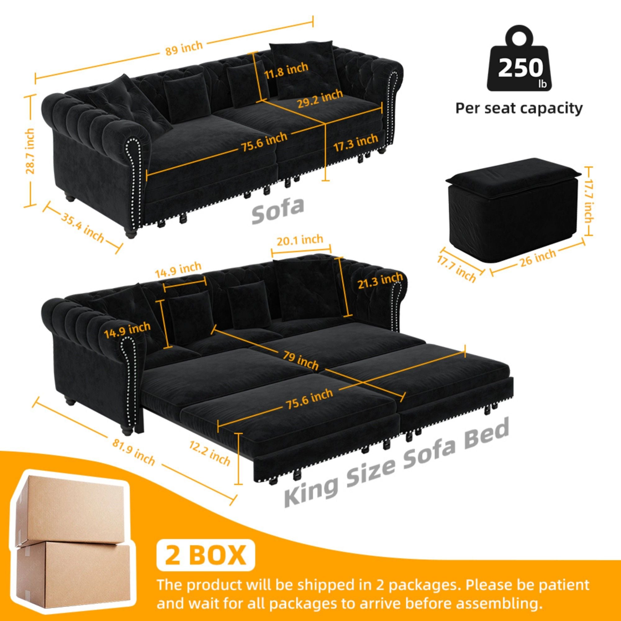 3 In 1 Convertible Sleeper Sofa Bed With Movable Ottoman