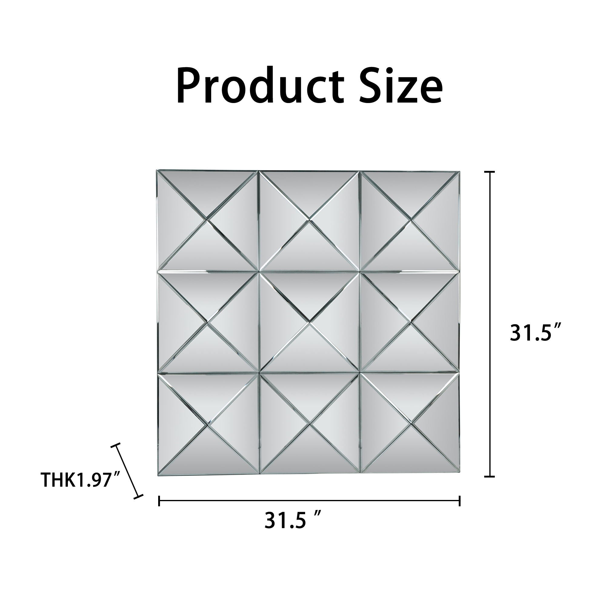 3D Beveled Wall Mirror With Frame, Large Square Design For Living Room - Silver