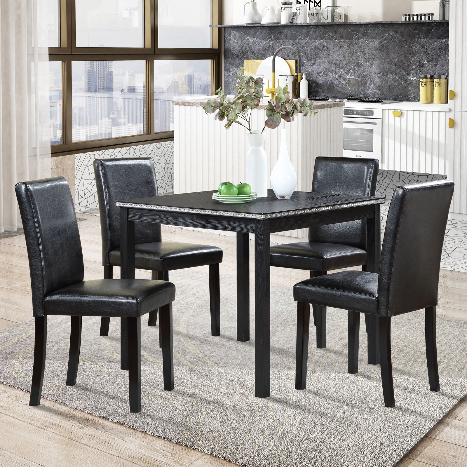5 Pieces Wooden Dining Table Set, Square Table And 4 Upholstered Chairs