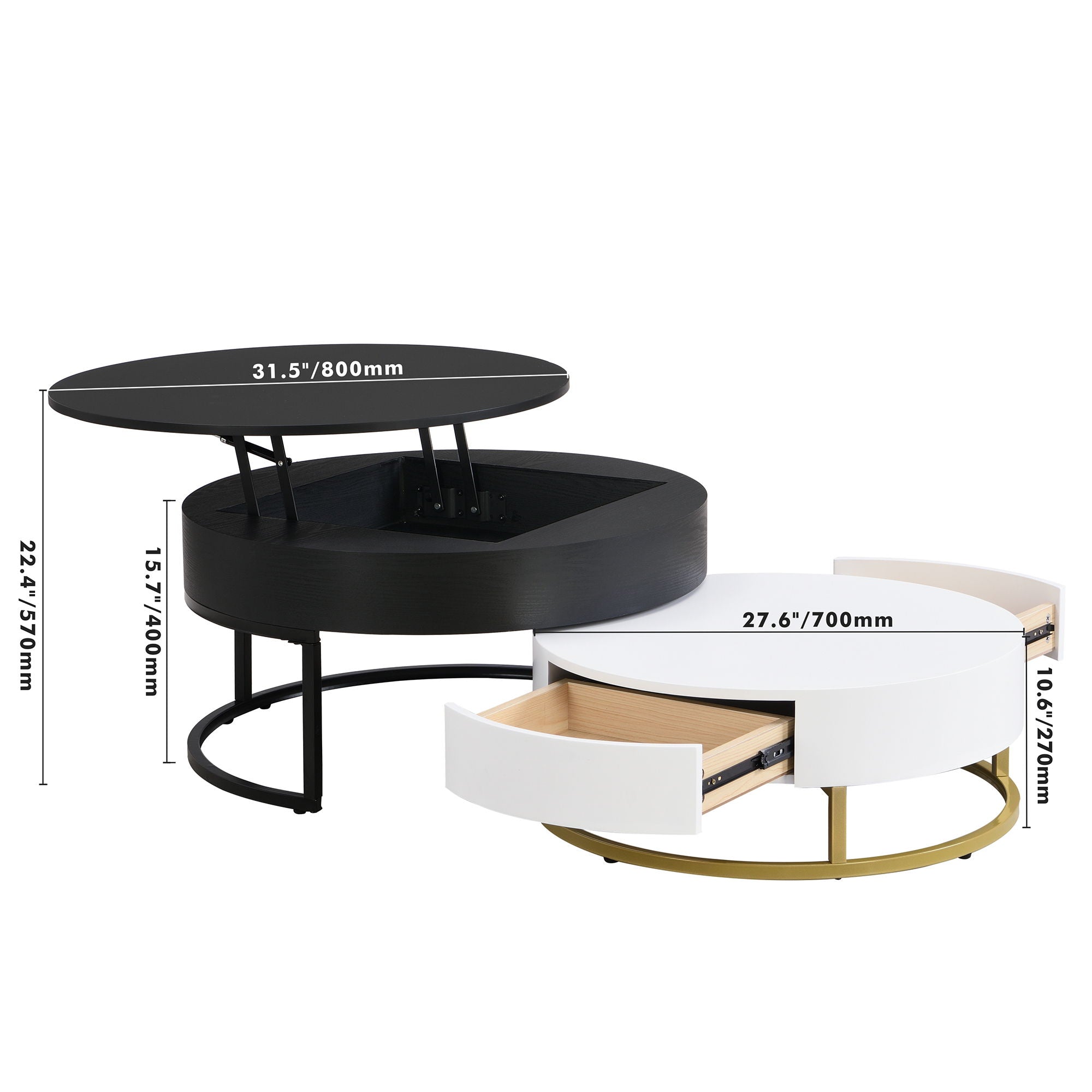 Modern Round Lift-Top Nesting Coffee Tables With 2 Drawers
