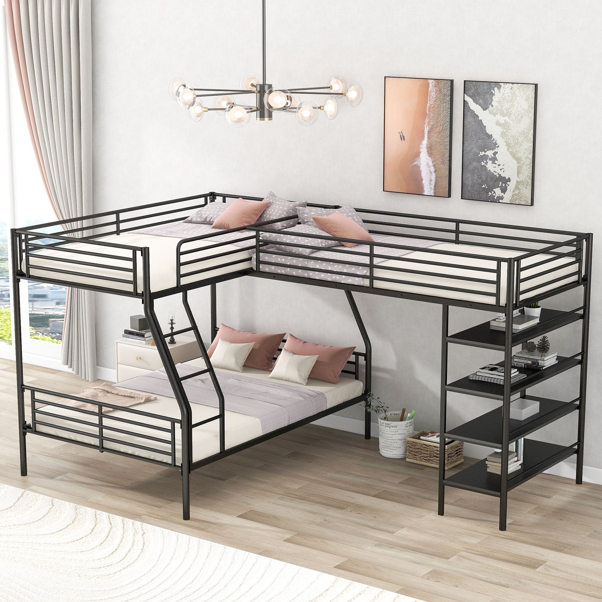 L-Shaped Twin Over Full Bunk Bed And Twin Loft Bed With 4 Built In Shelves - Black