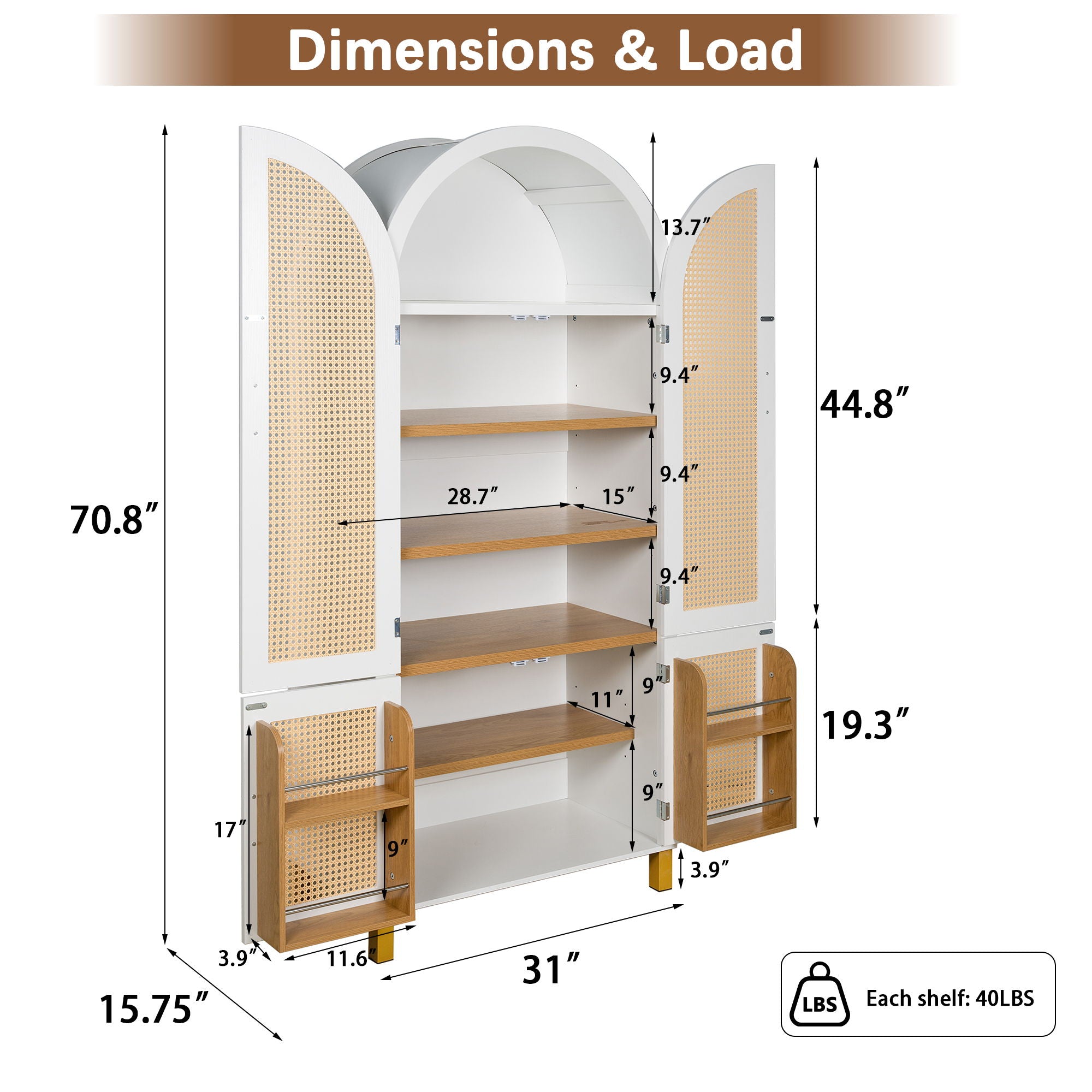 Tall Arched Cabinet With Rattan Doors & Adjustable Shelves
