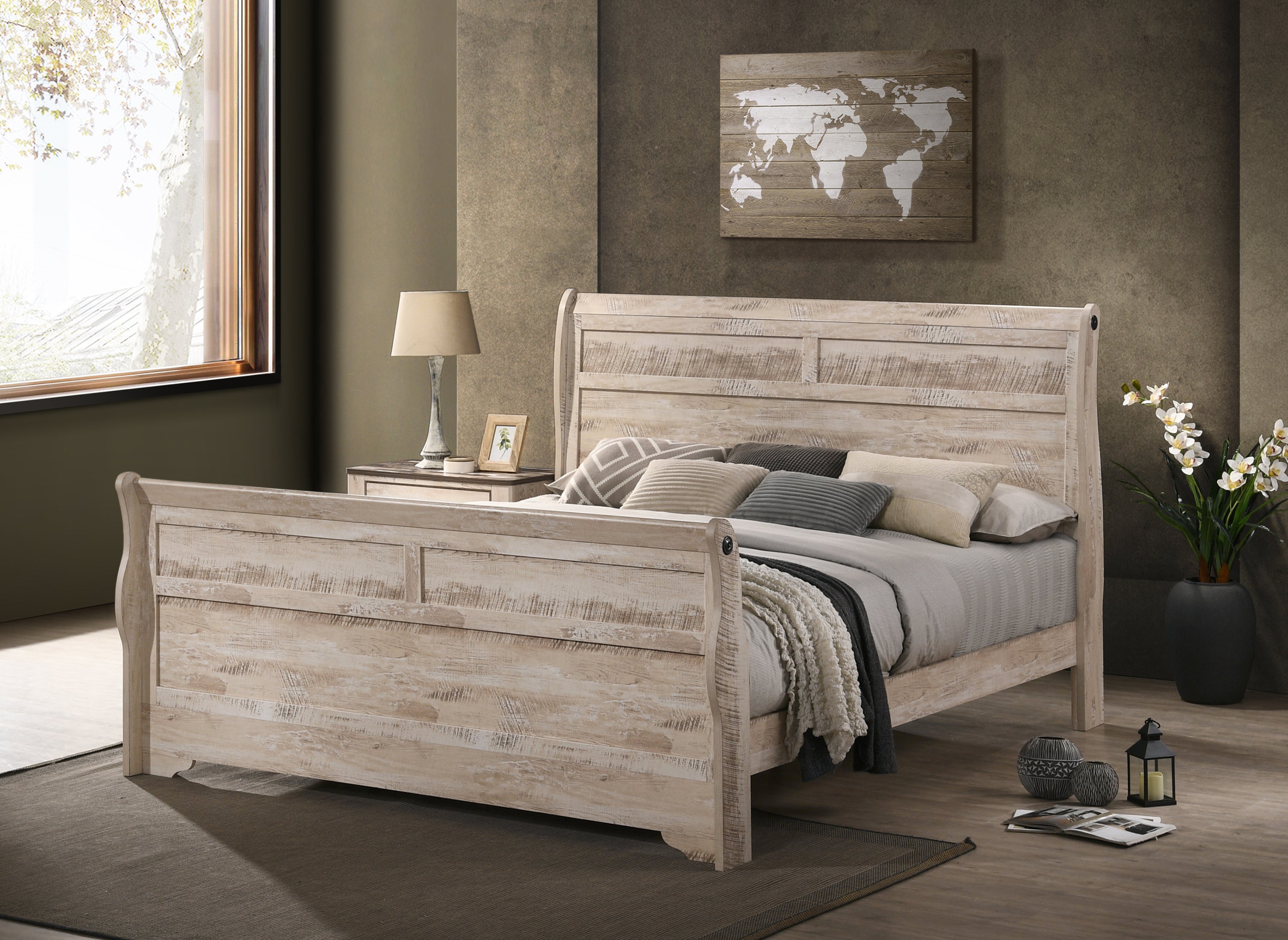 Imerland Contemporary White Wash Finish 3-Piece Bedroom Set-Sleigh Bed and Two Nightstands, King Size