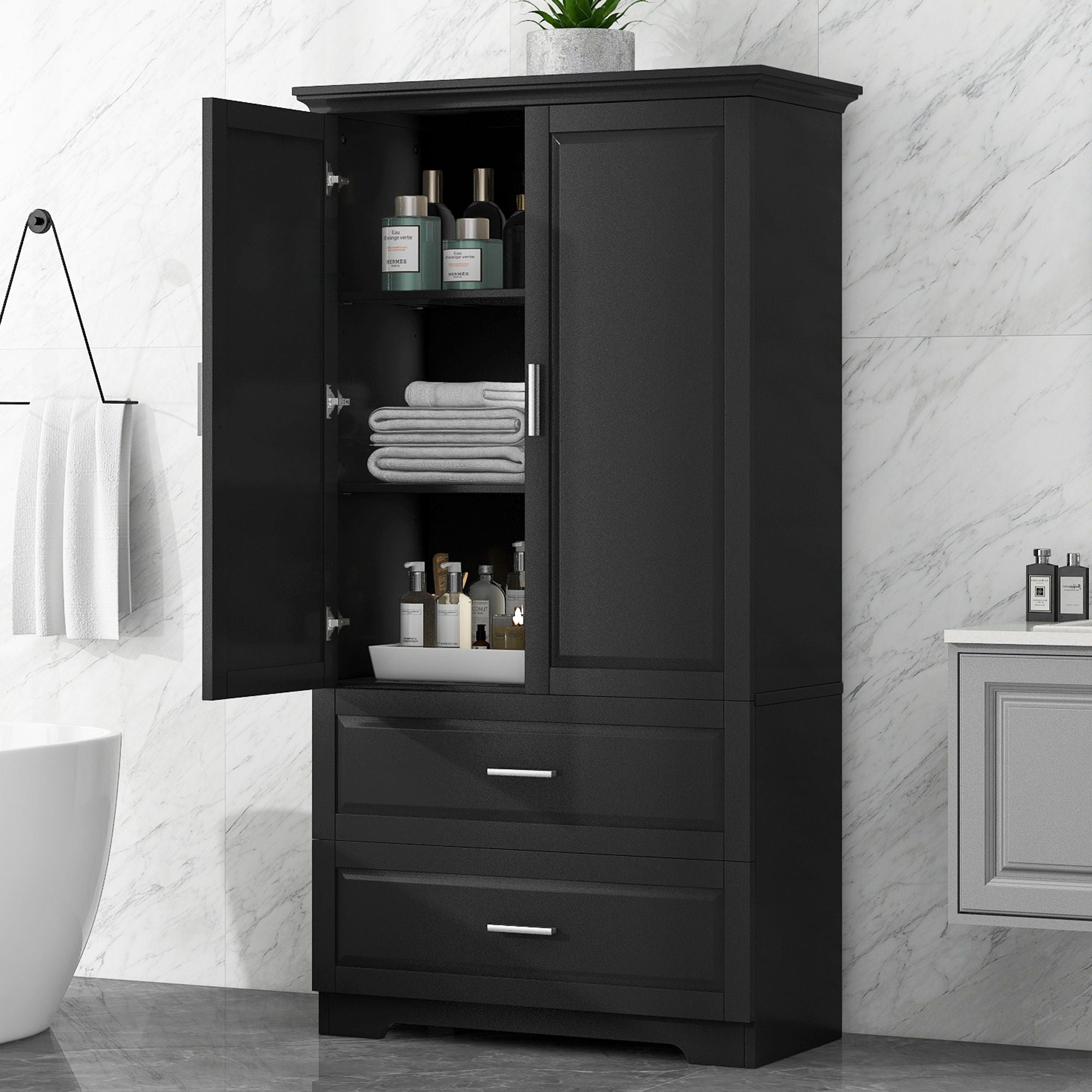 Tall Bathroom Storage Cabinet, Cabinet With 2 Doors And Drawers, Adjustable Shelf
