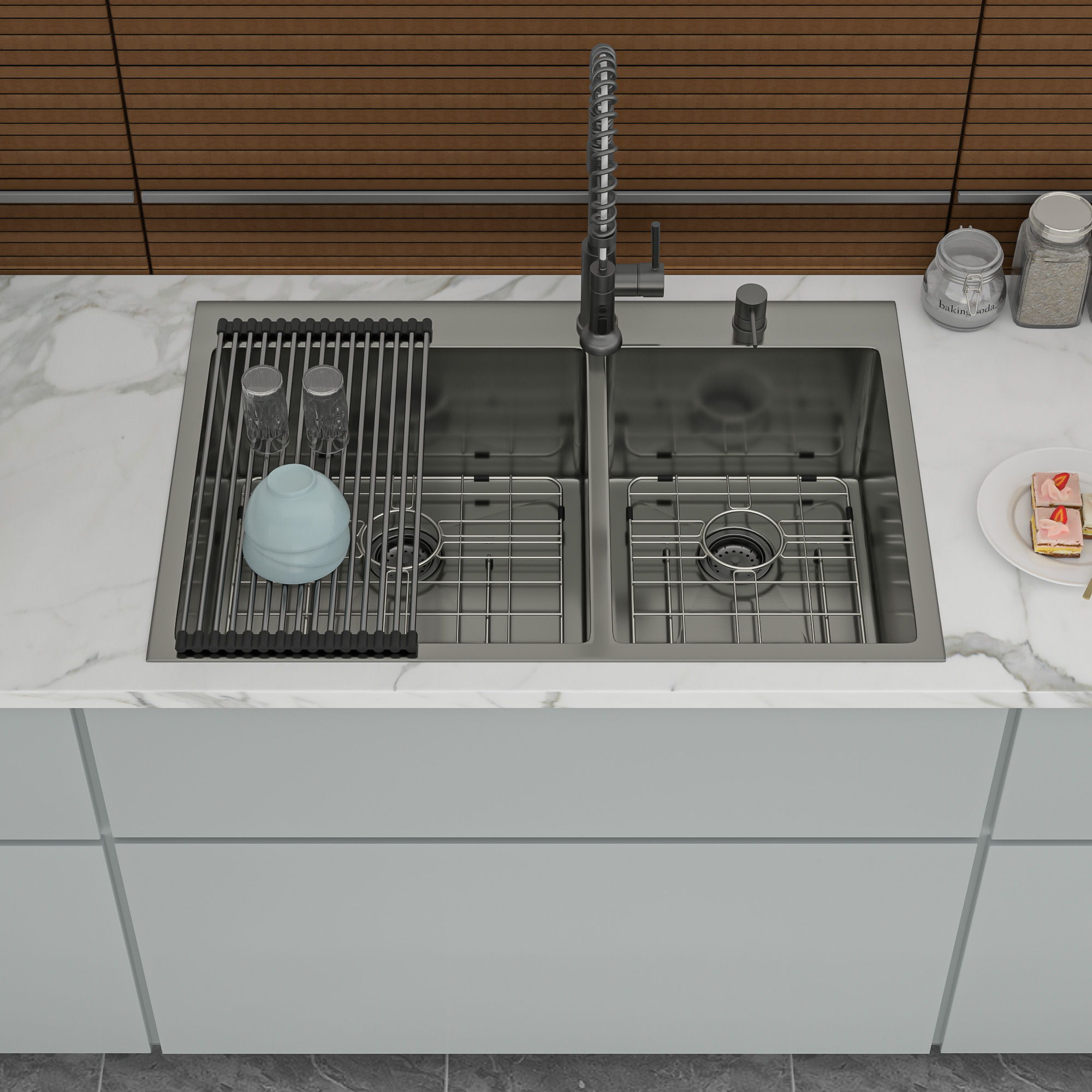 Double Bowl Kitchen Sink 16 Gauge 33" X 22" With 2 10" Deep Basins - Gunmetal Black