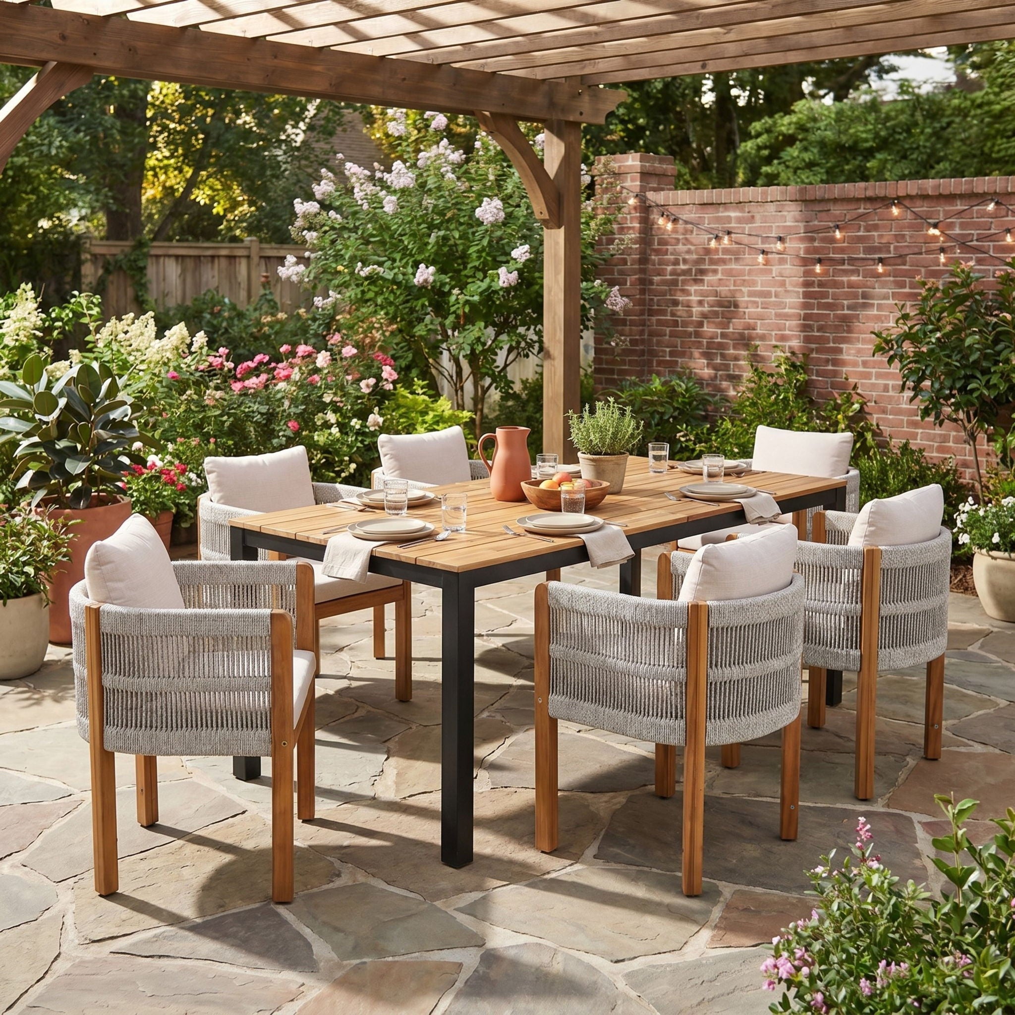 Outdoor Dining Set & Table And Rope Chairs