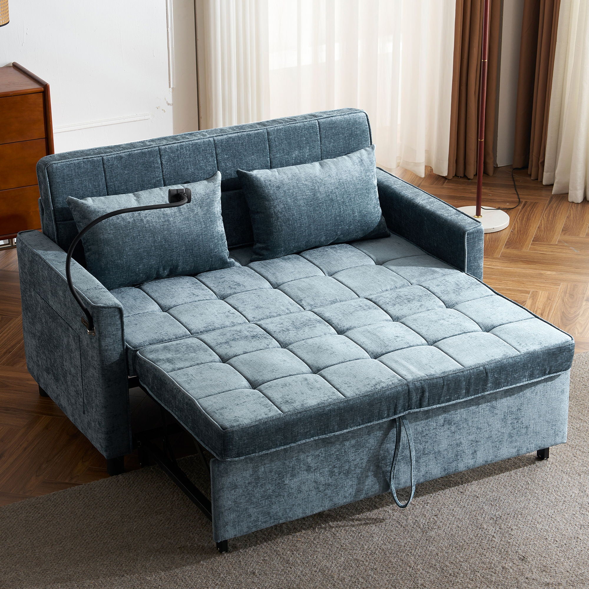 Pull-Out Sleeper Sofa With Reversible Backrest Cushion, Side Pockets, 2 USB Ports And A Phone Holder For Living Room