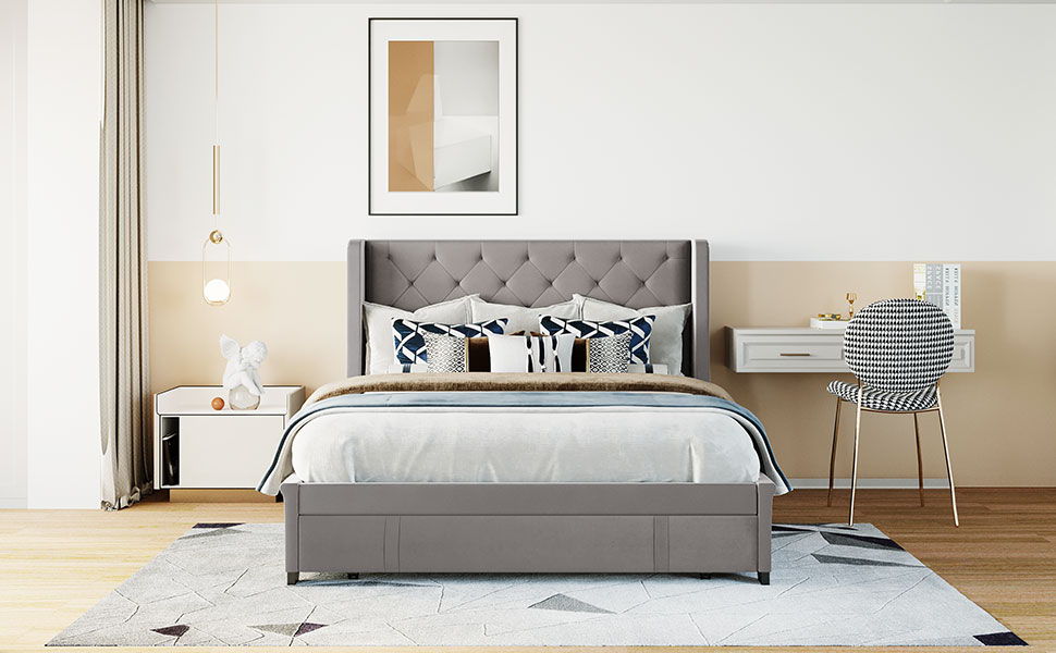 Storage Bed Velvet Upholstered Platform Bed With Wingback Headboard And A Big Drawer
