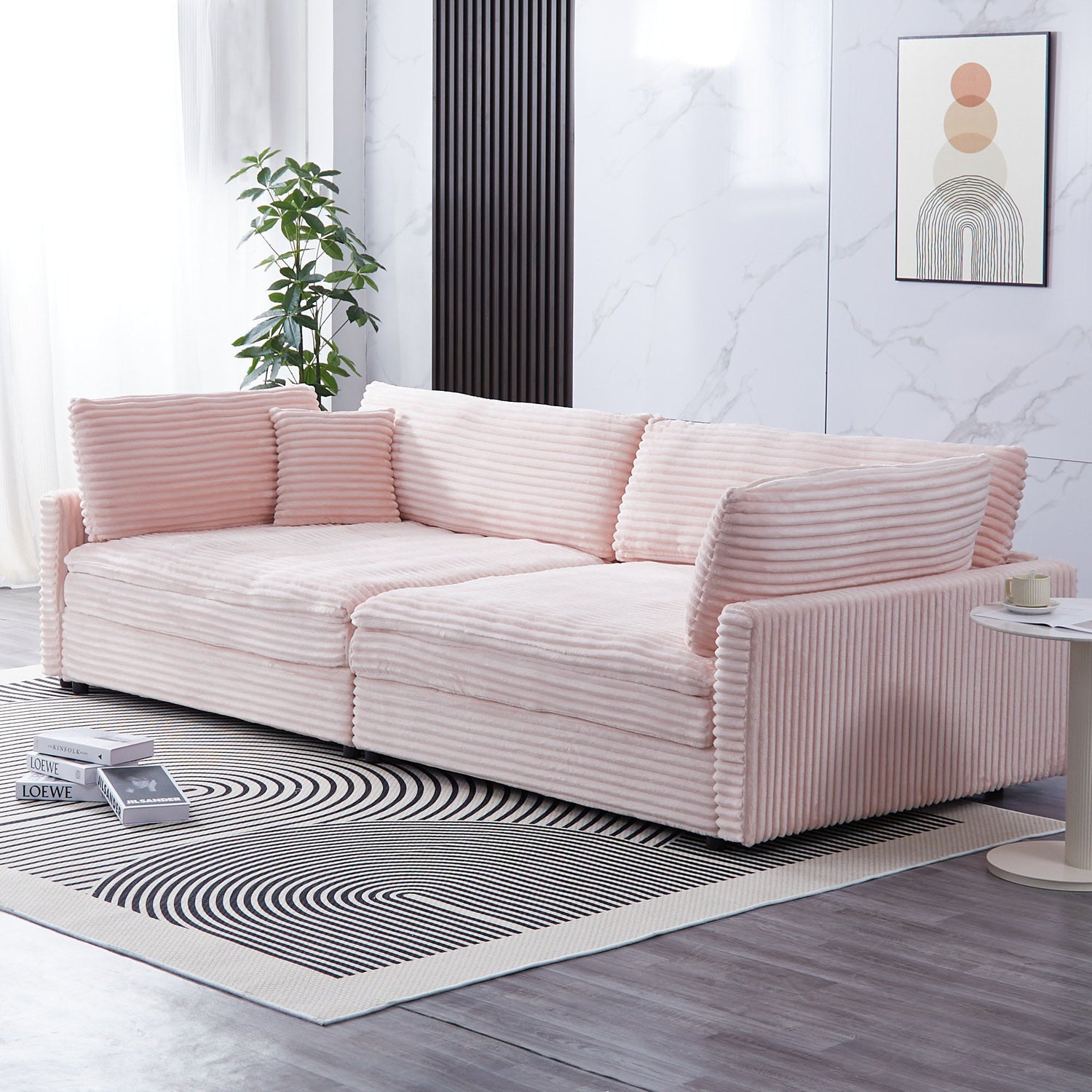 Elegant Corduroy Sofa With Throw Pillows And Backrests