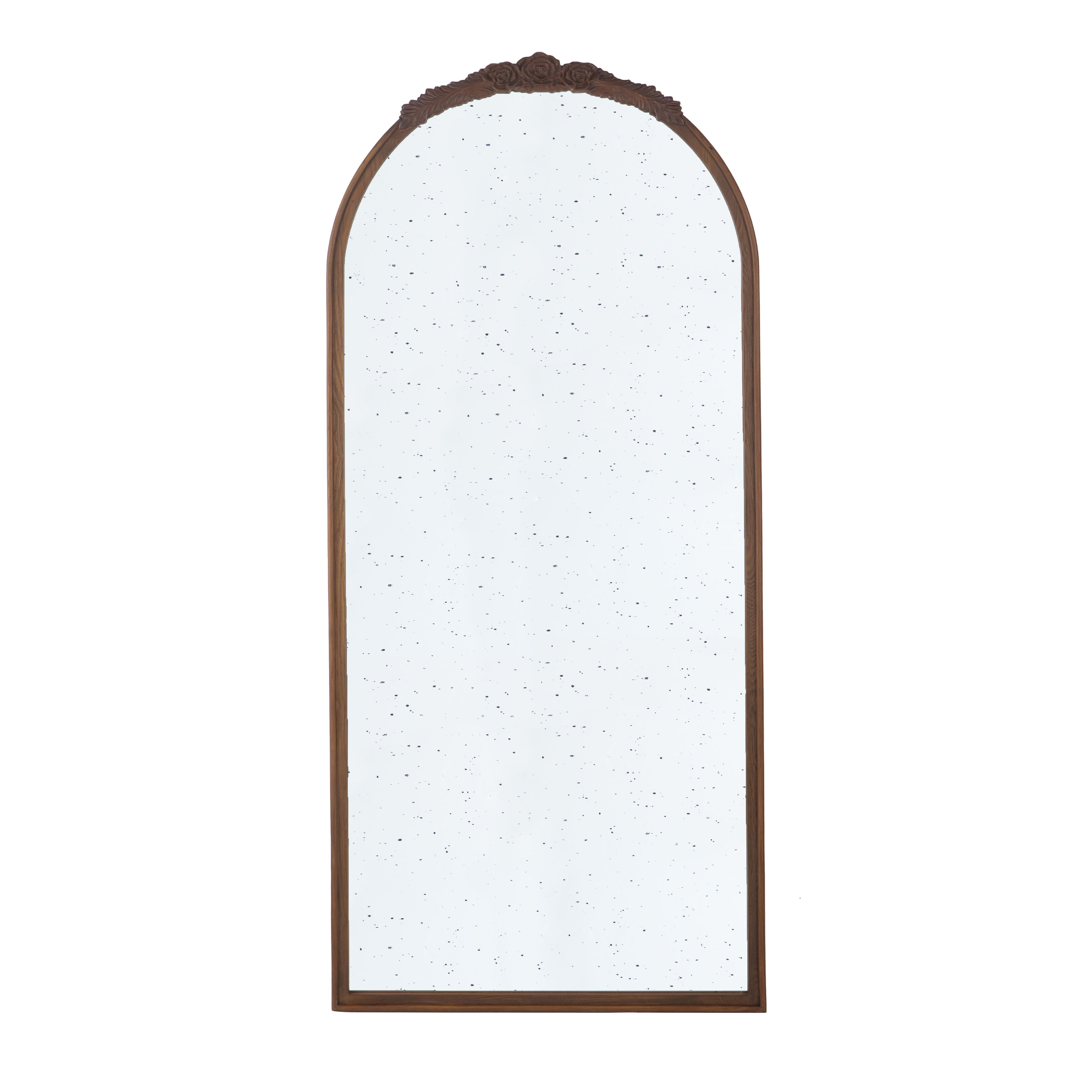 Hand Carved Rose Antique Mirror Frame, Large Arch Mirror Wall Decor For Living Room, Bathroom, Entryway - Brown