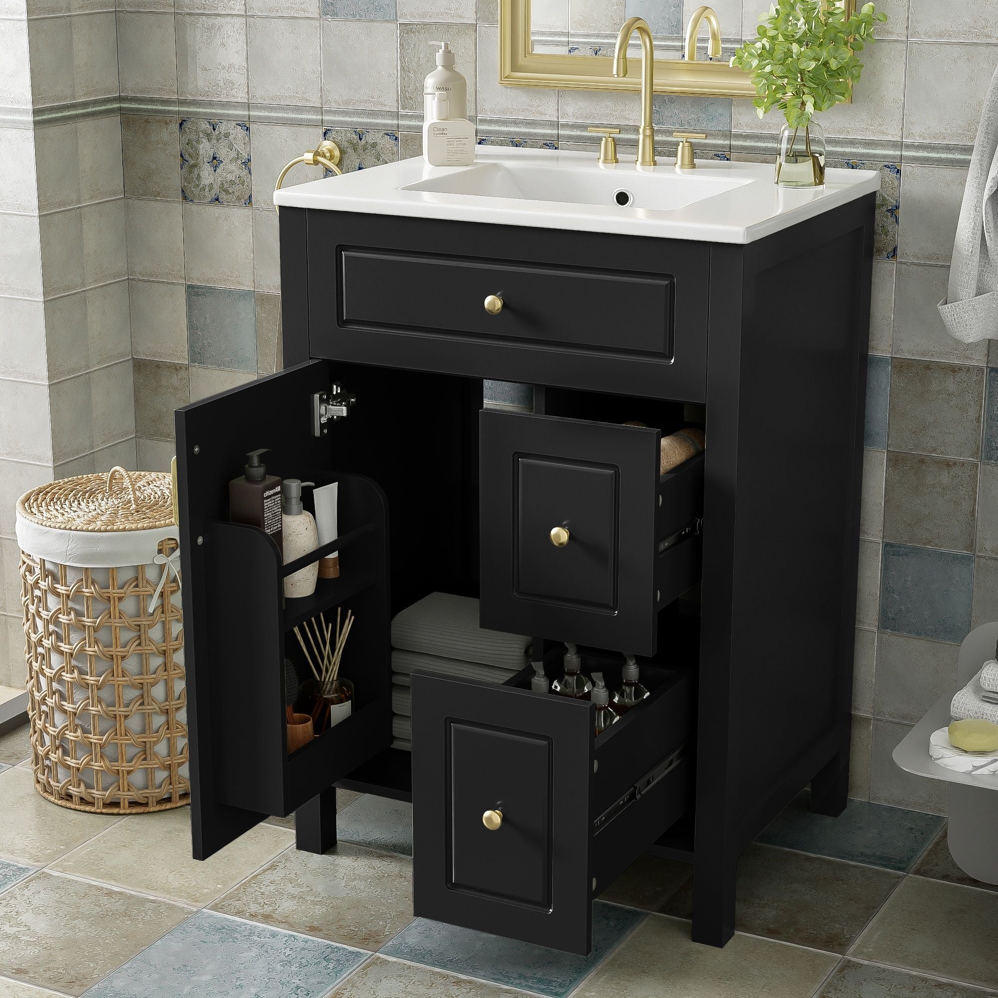 Elegant Bathroom Vanity With Ceramic Sink, Soft Close Doors And Drawers, Double Storage Racks