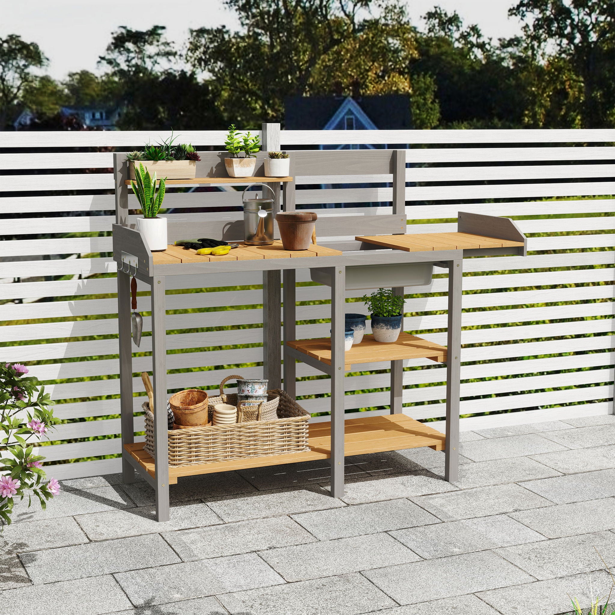 Outdoor Potting - Bench, Workstation Table With Cabinet For Backyard Garden Supplies - Gray / Brown