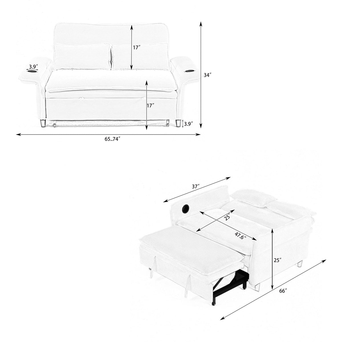 Modern Fabric Multi-Functional Sofa Bed With Adjustable Armrests And Backrests