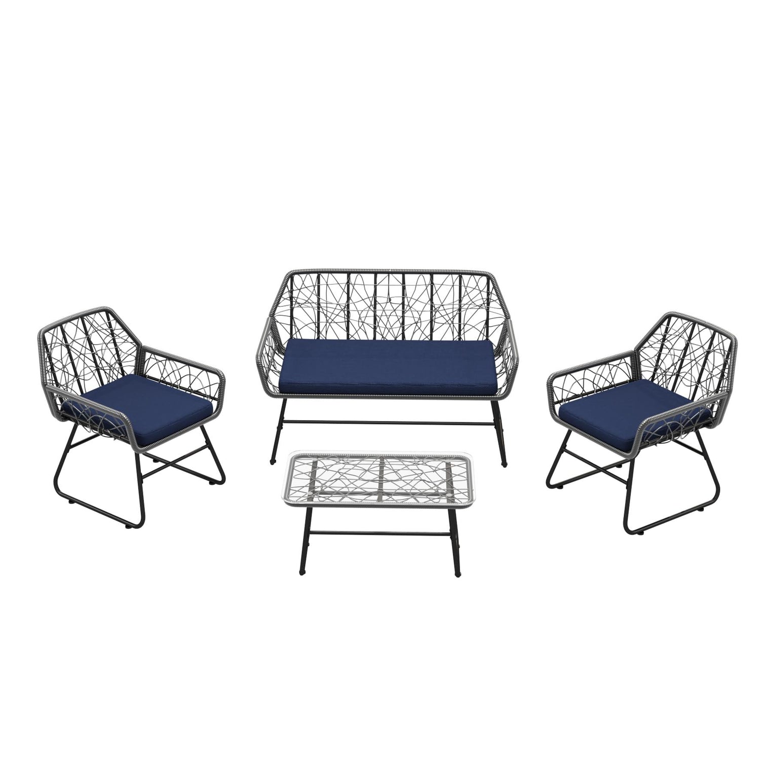 4 Piece Wicker Patio Furniture Set With Tempered Glass Table And Detachable Cushions