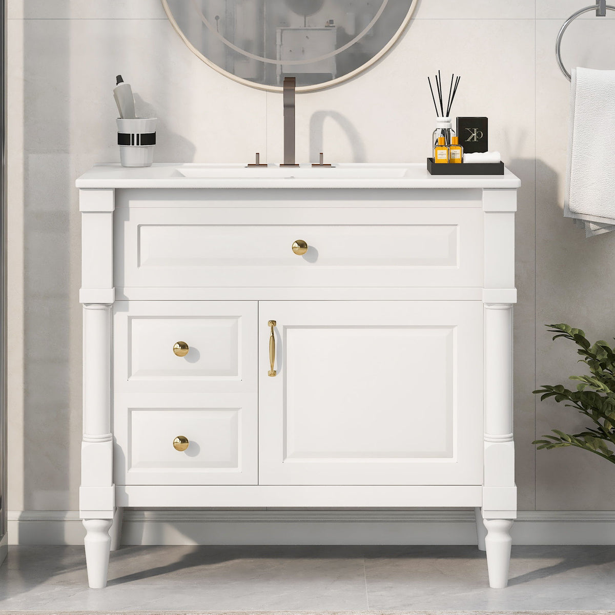Freestanding Bathroom Vanity With Sink, Adjustable Shelf, Flip Drawer