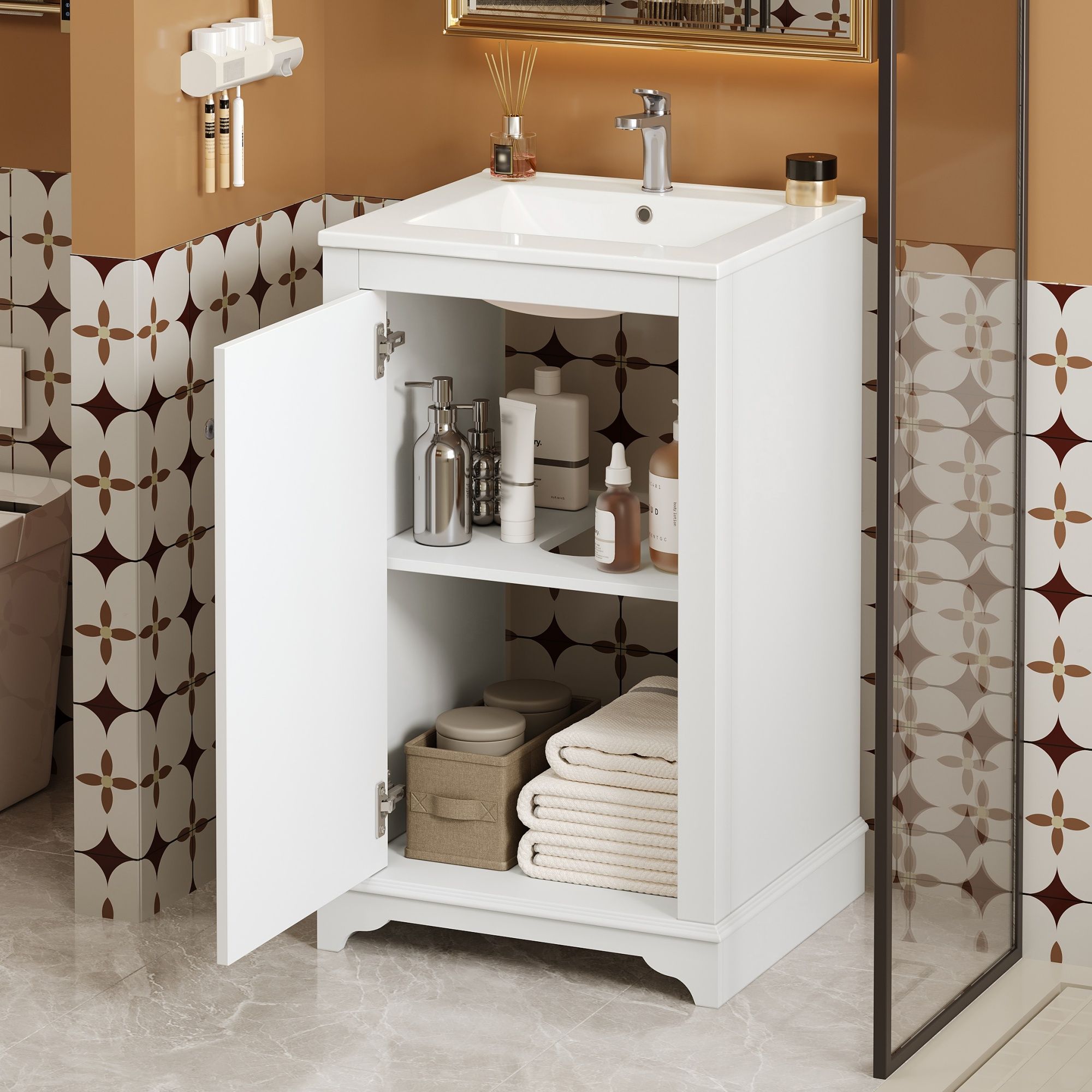 Bathroom Vanity With Sink, Freestanding Single Cabinet Set, Soft Close Door, Adjustable Shelf