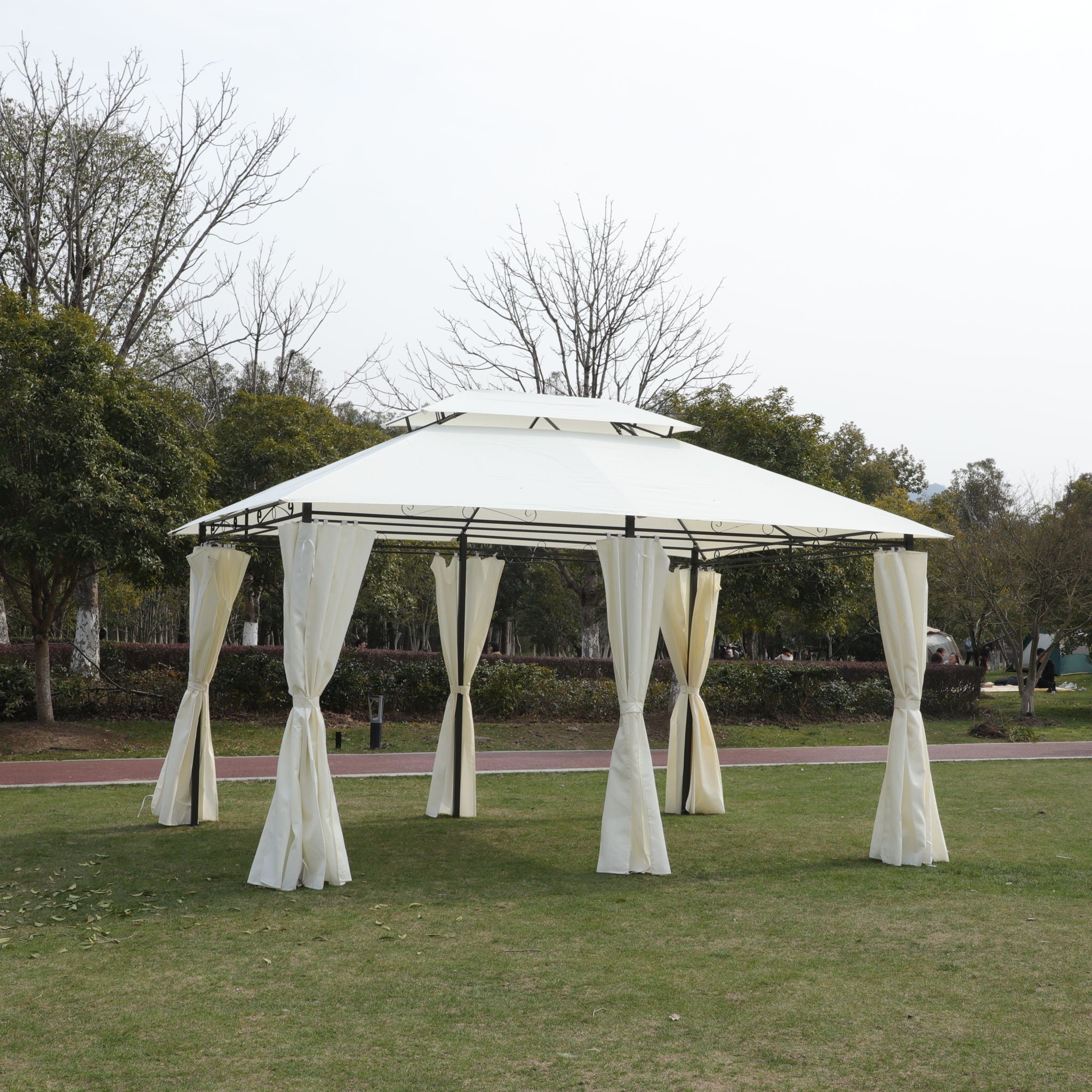 Outdoor Patio Gazebo Tent With Ventilated Double Roof And Sidewall