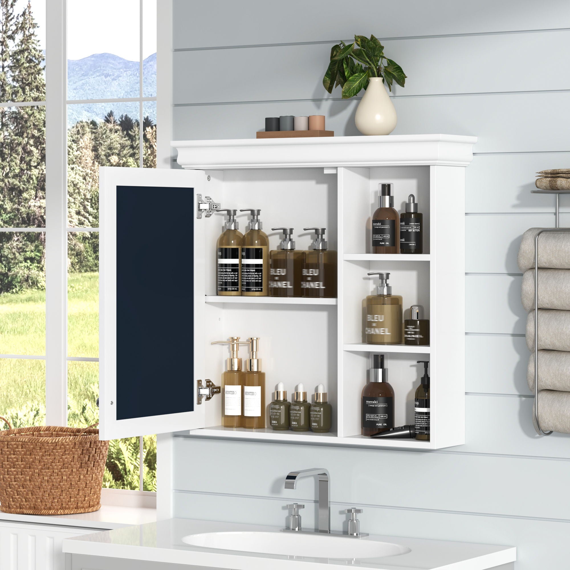 Bathroom Medicine Cabinet With Mirror, Wall Mounted Mirror Cabinet & Storage Organizer, Over The Toilet Storage White Storage Cabinet For Bathroom - White