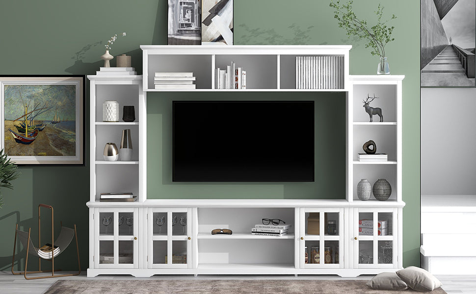 Entertainment Wall Unit with Bridge, Modern TV Console Table for TVs Up to 70", Multifunctional TV Stand with Tempered Glass Door, White