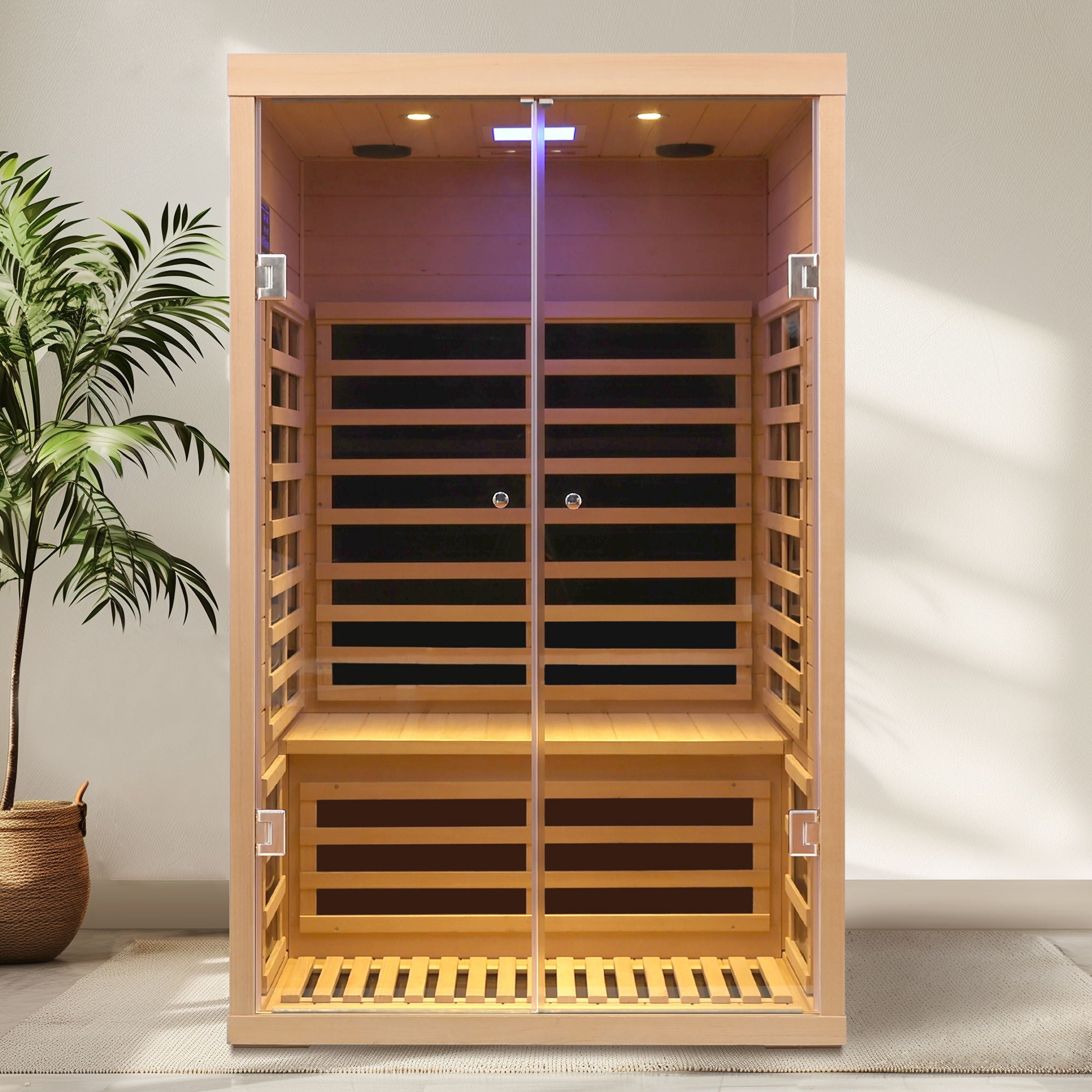 Low EMF, Wide Space Hemlock Double Doors Great Glass Luxury Indoor Far Infrared Sauna Room