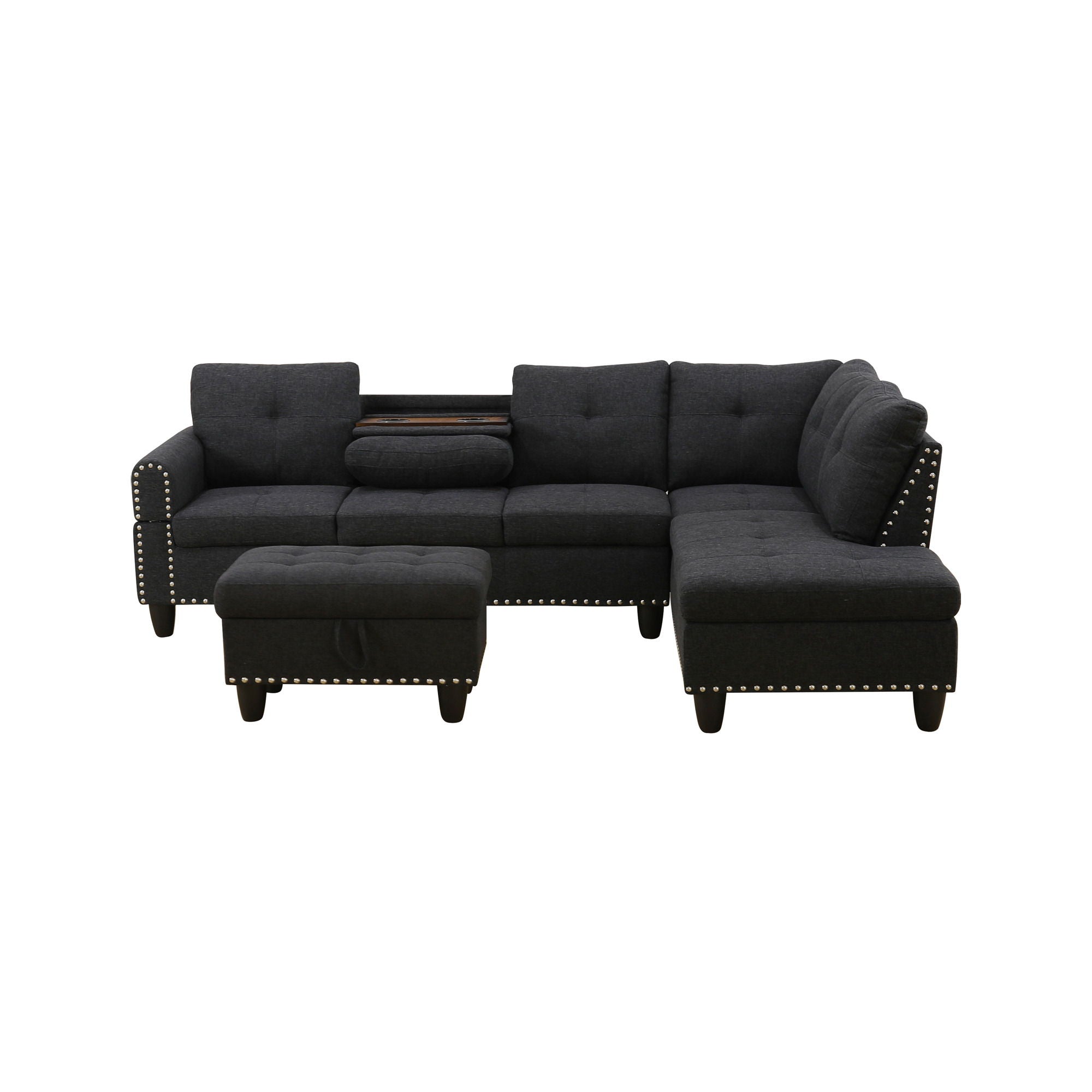 L - Shaped 3 Piece Sectional Sofa With Chaise, Storage Ottoman & Cup Holders