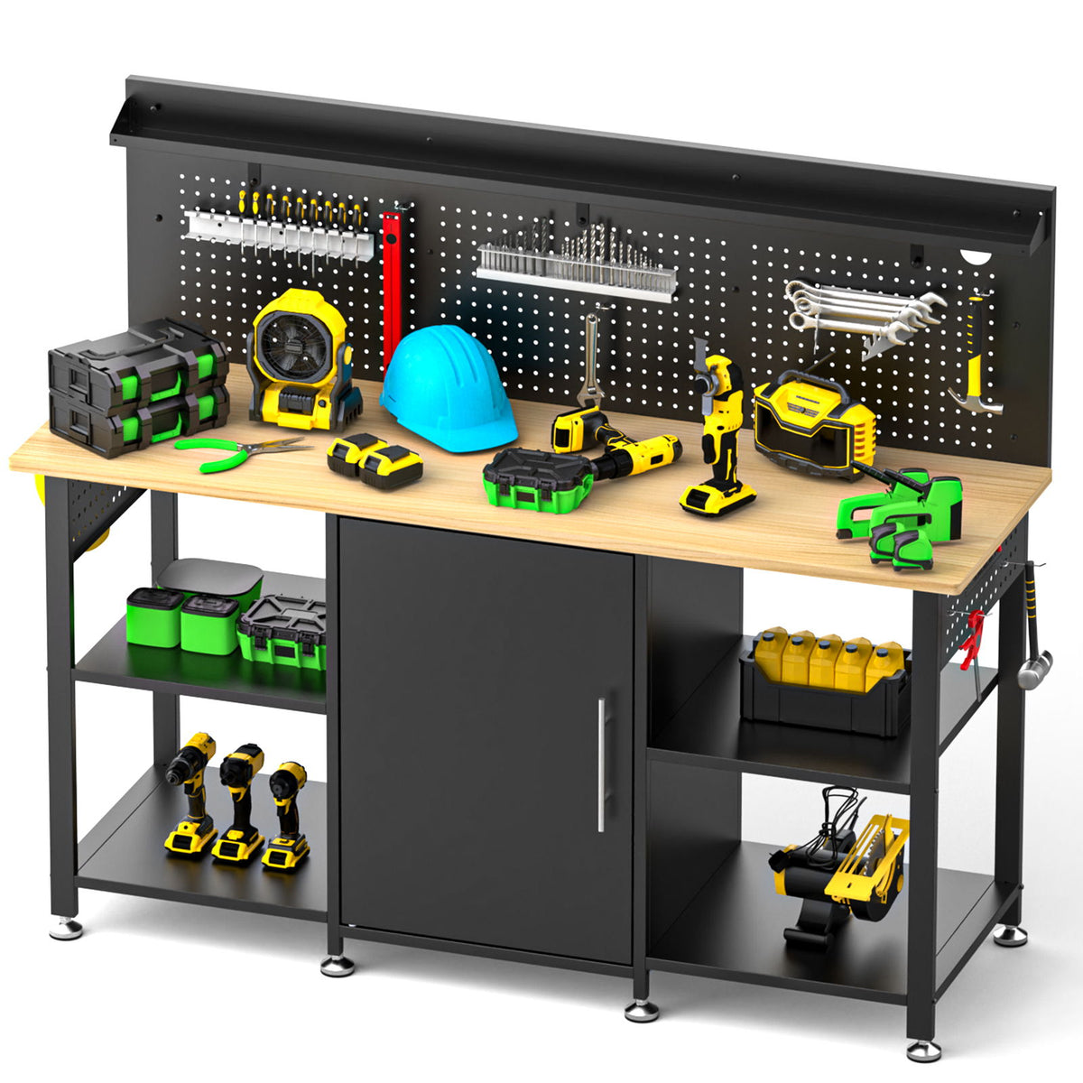 Workbench With Storage Cabinet And Pegboard - Black