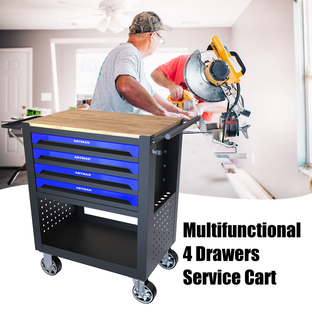 4 Drawers Multifunctional Tool Cart With Wheels And Wooden Top