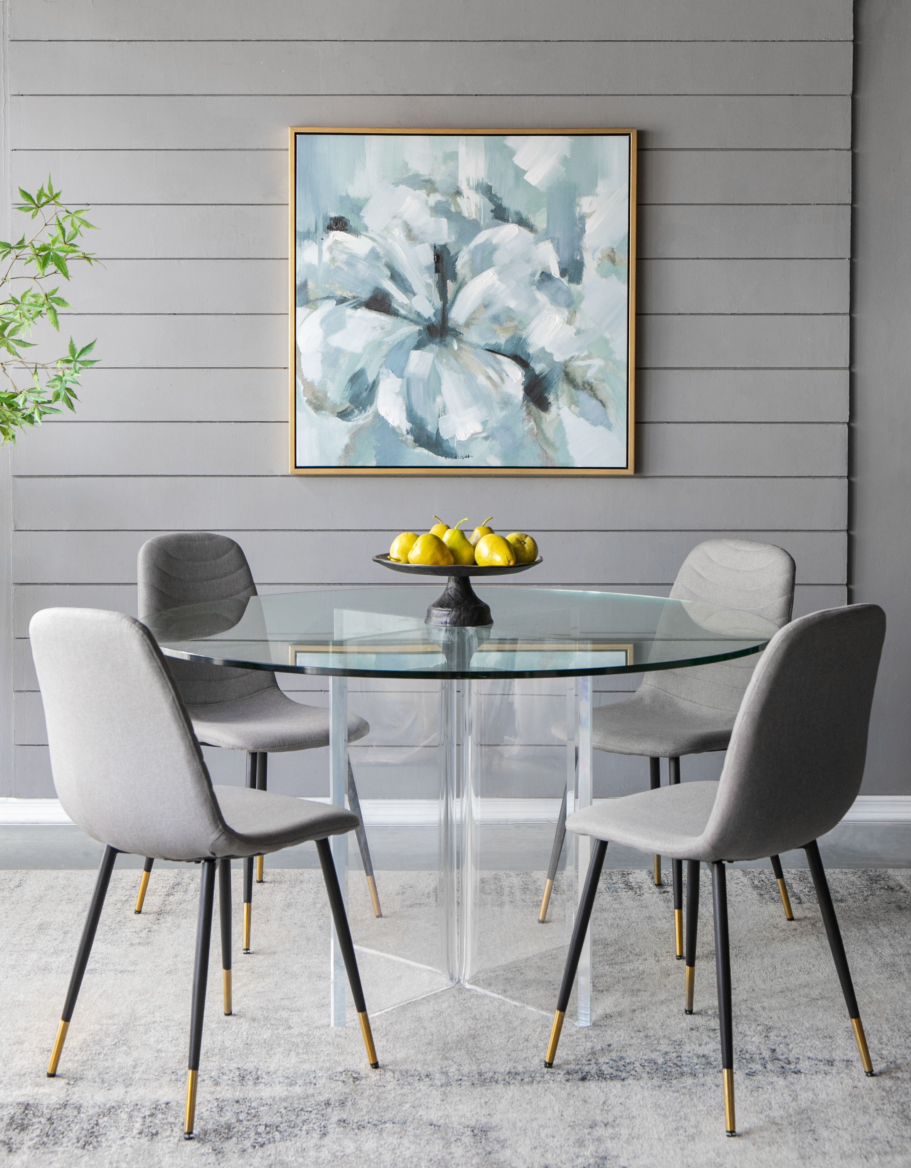 Large Modern Flower Oil Painting, SquareFrame Wall Art - Blue / Gray