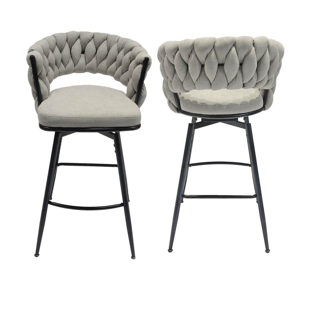28" Bar Chair Linen Woven Bar Stool (Set of 2) Upholstered With Legs, 360 Swivel, Counter Arm Chairs With Back Footrest - Gray