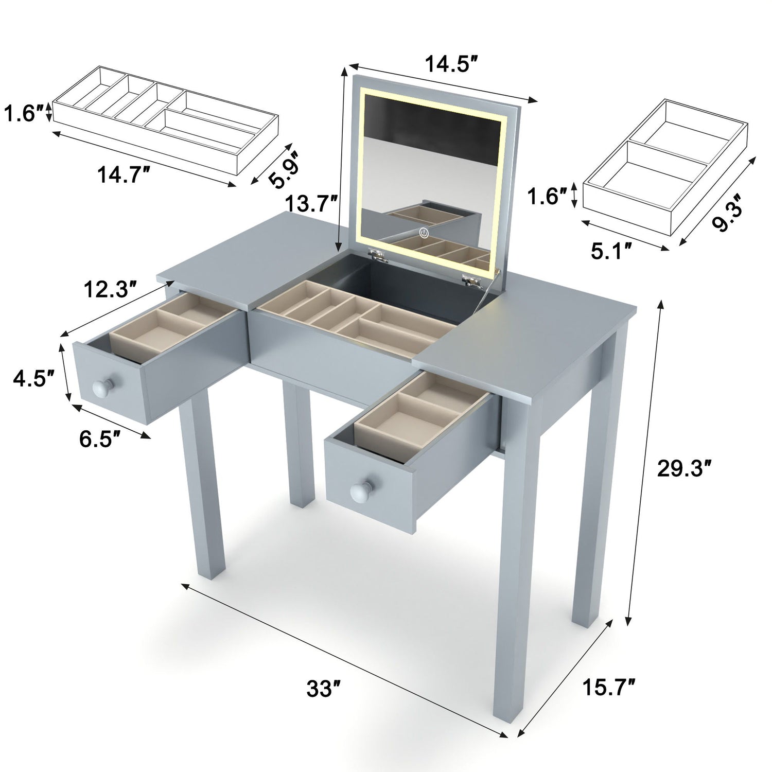 Vanity Table With LED Lights, Flip-Top Mirror And 2 Drawers, Jewelry Storage